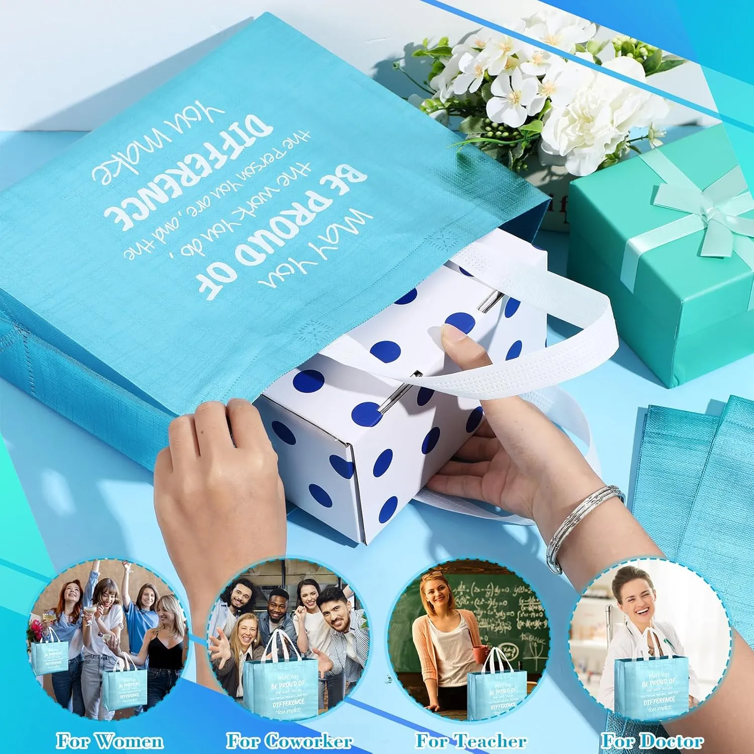 Paterr 12 Pcs Graduation Employee Appreciation Bag with Handles Thank You Team Reusable Glossy 12.2 x 4.7 x 11 Inch Bag May You Be Proud Gift for CNA Nurse Coworker Staff Teacher(Blue)