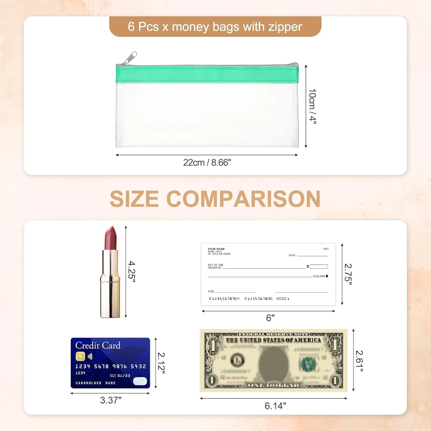 PATIKIL 8.7x3.9 Inch Money Bags with Zipper, 6 Pcs Clear PVC Cash Deposit Bank Pouch Envelopes Makeup Bag Check Wallet for Coin Cosmetics Bill, Cyan Blue