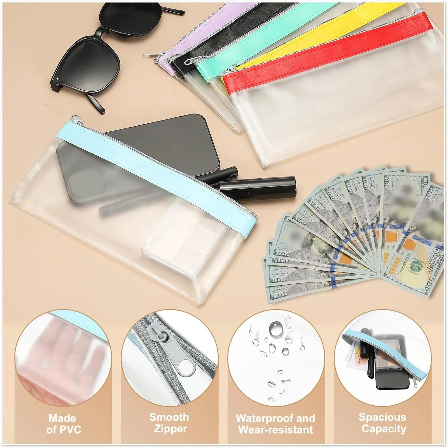 PATIKIL 8.7x3.9 Inch Money Bags with Zipper, 6 Pcs Clear PVC Cash Deposit Bank Pouch Envelopes Makeup Bag Check Wallet for Coin Cosmetics Bill, Cyan Blue