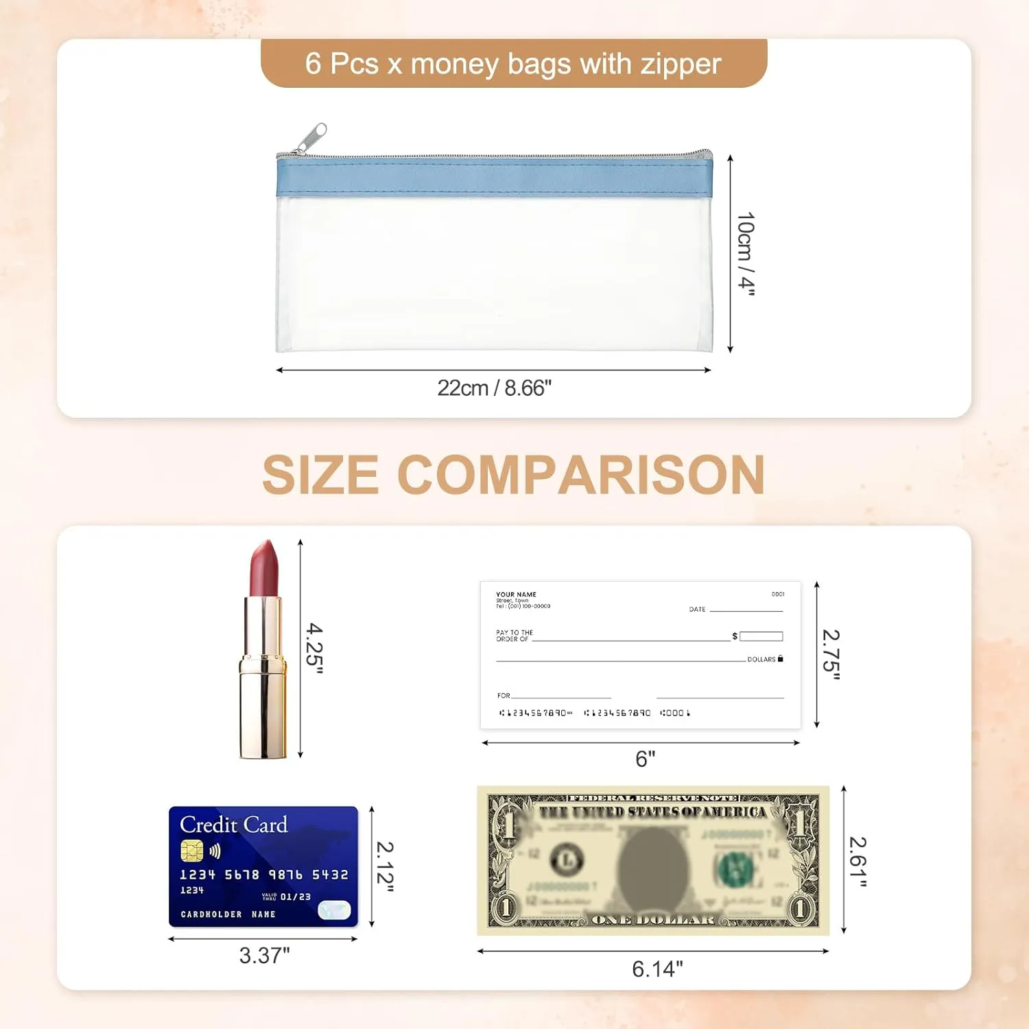 PATIKIL 8.7x3.9 Inch Money Bags with Zipper, 6 Pcs Clear PVC Cash Deposit Bank Pouch Envelopes Makeup Bag Check Wallet for Coin Cosmetics Bill, Haze Blue