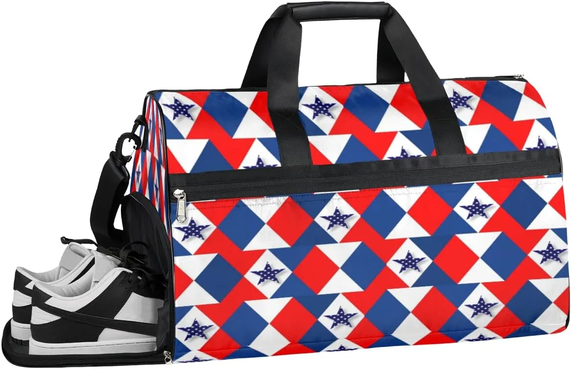 Patriotic Star Ikat Sport Gym Duffle July 4th USA Travel Bag for Men Women Gym Bag Lightweight Duffel with Shoe Compartment