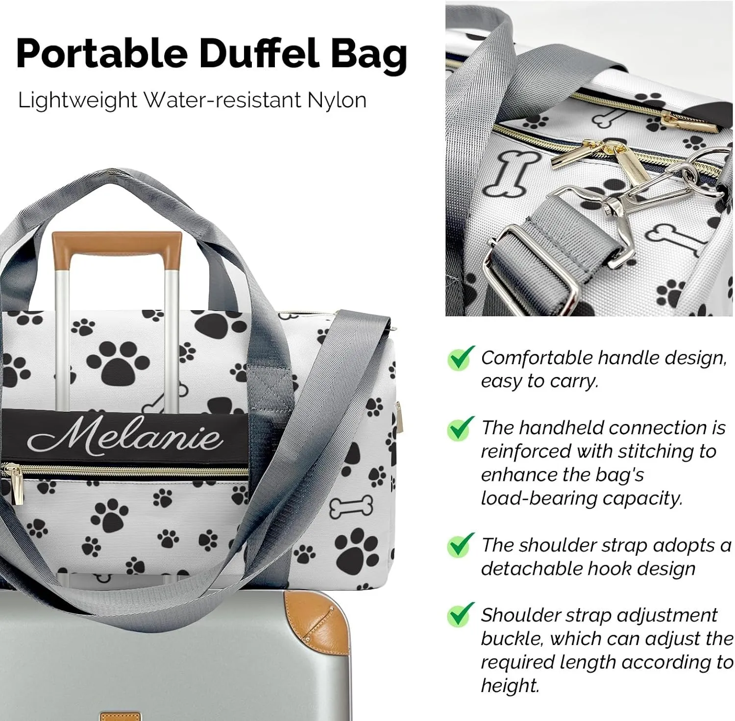 Paws Bones Black Personalized Duffel Bag with Name Custom Overnight Bag Multi-Function Travel Bag Sports Gym Bag for Travel Weekend Duffel Bag