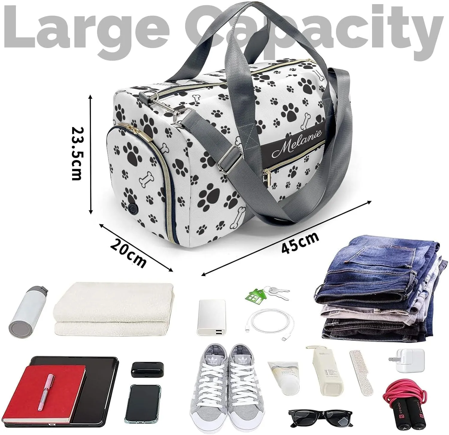 Paws Bones Black Personalized Duffel Bag with Name Custom Overnight Bag Multi-Function Travel Bag Sports Gym Bag for Travel Weekend Duffel Bag