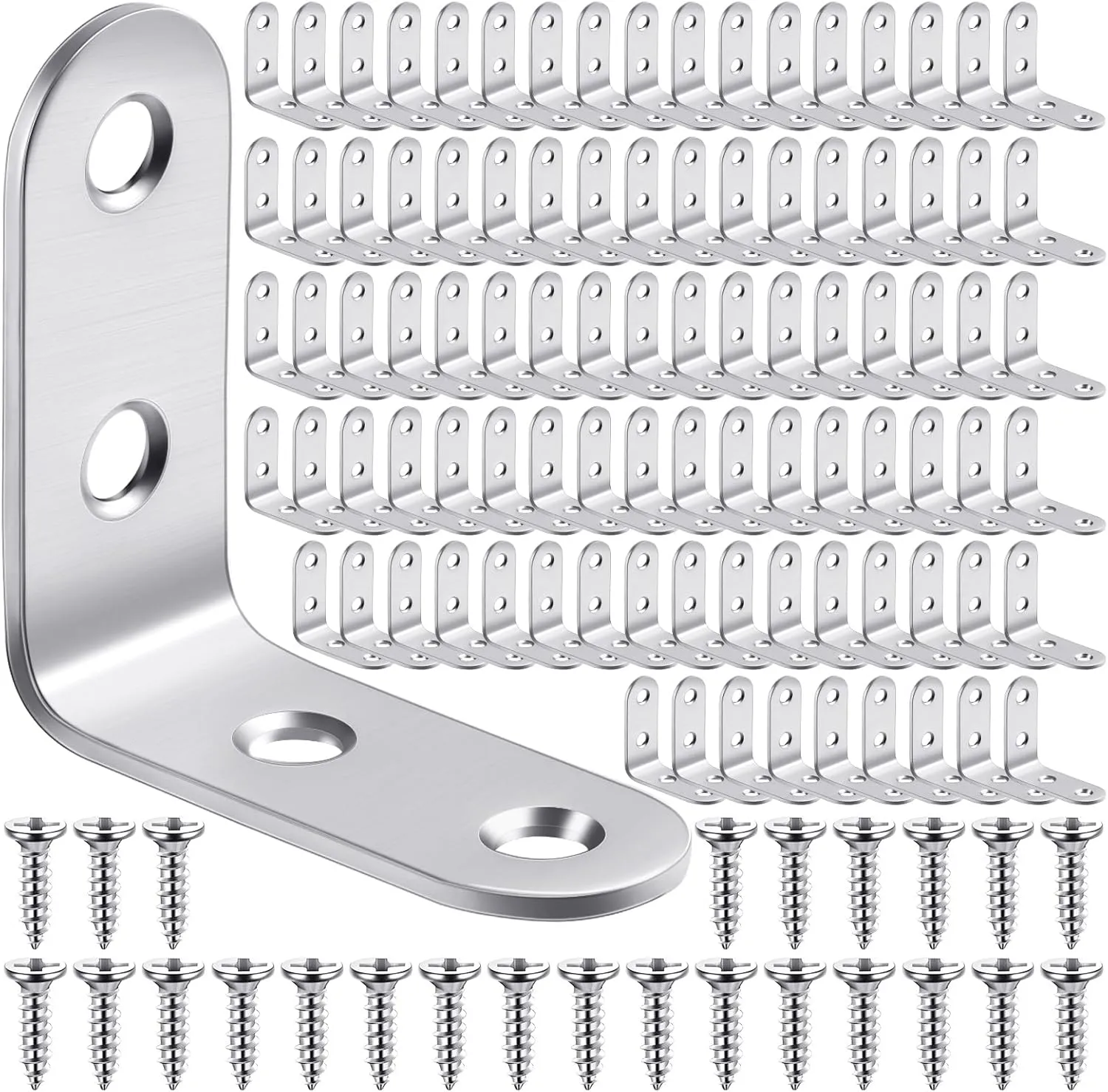 Pelopy 100 Pcs L Shaped Bracket Corner Brace Stainless Steel 90 Degree Corner Brace Heavy Duty Right Angle Bracket for Wood Furniture Chair Drawer Cabinet with Screws (1.57 x 1.57 Inch)