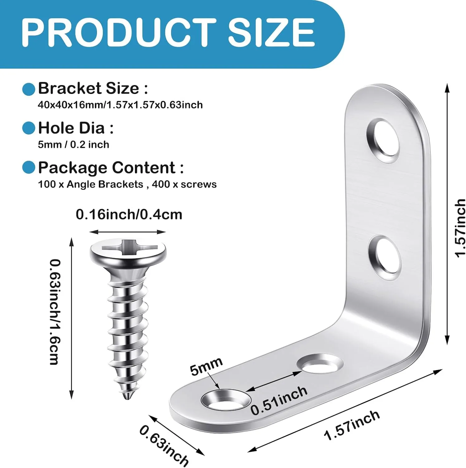 Pelopy 100 Pcs L Shaped Bracket Corner Brace Stainless Steel 90 Degree Corner Brace Heavy Duty Right Angle Bracket for Wood Furniture Chair Drawer Cabinet with Screws (1.57 x 1.57 Inch)
