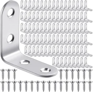 Pelopy 100 Pcs L Shaped Bracket Corner Brace Stainless Steel 90 Degree Corner Brace Heavy Duty Right Angle Bracket for Wood Furniture Chair Drawer Cabinet with Screws (1.57 x 1.57 Inch)