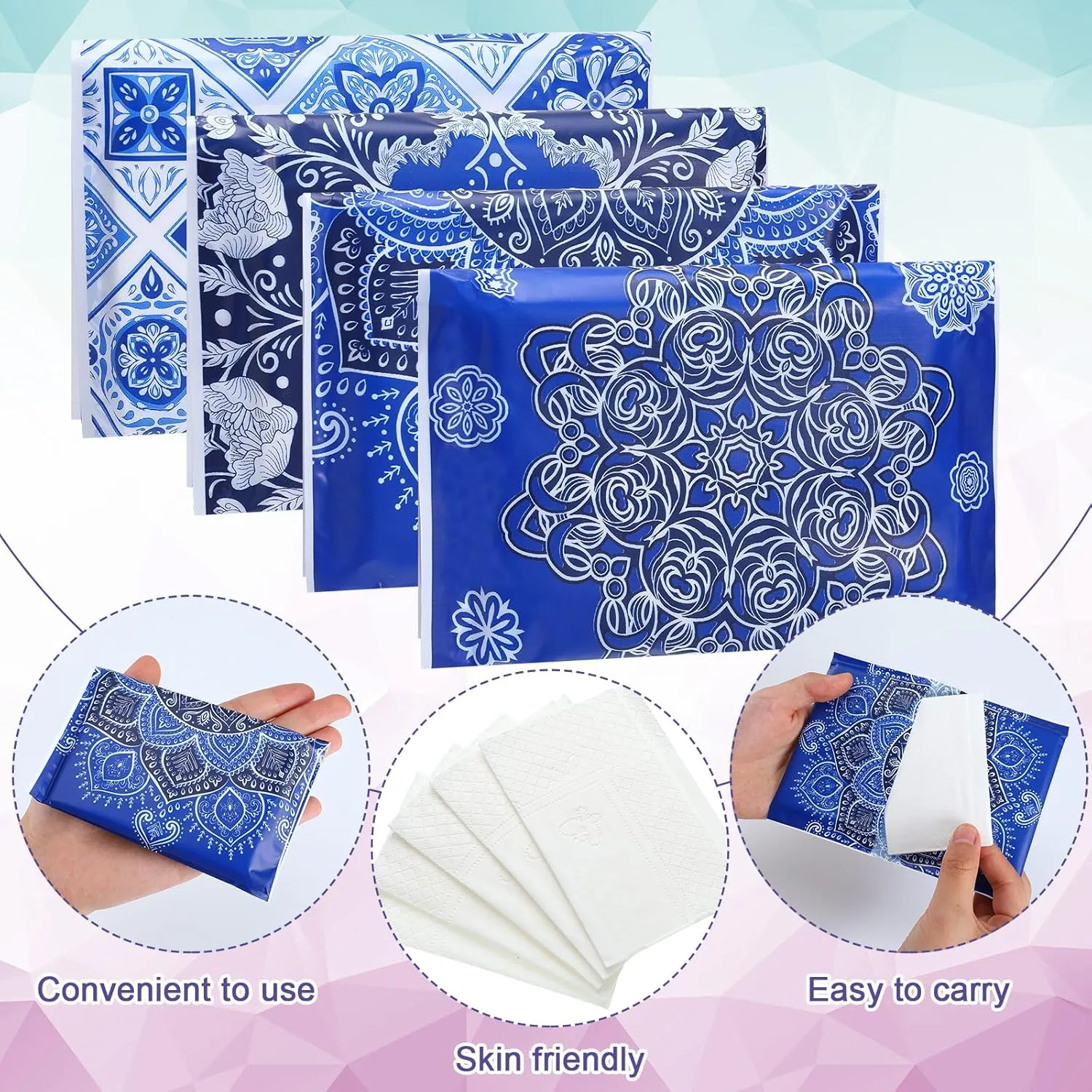 PerKoop 100 Pack Pocket Tissues Travel Slim Packs Small Facial Tissues Wallet Size Toilet Paper for Travel Guest Wedding Supplies, 4 Styles(Geometric Flower)