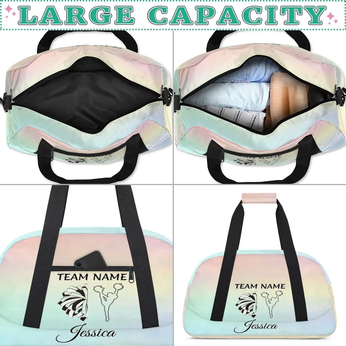 Personalised Name Cheer Bags, Custom Dancing Sports Duffle Bag Gym Cheerleading Bags Travel Duffel Perform Training Bag, Cheerleader Silhouette Overnight Weekender Bags, Colourful Theme