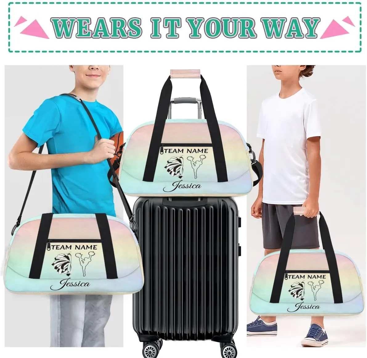 Personalised Name Cheer Bags, Custom Dancing Sports Duffle Bag Gym Cheerleading Bags Travel Duffel Perform Training Bag, Cheerleader Silhouette Overnight Weekender Bags, Colourful Theme