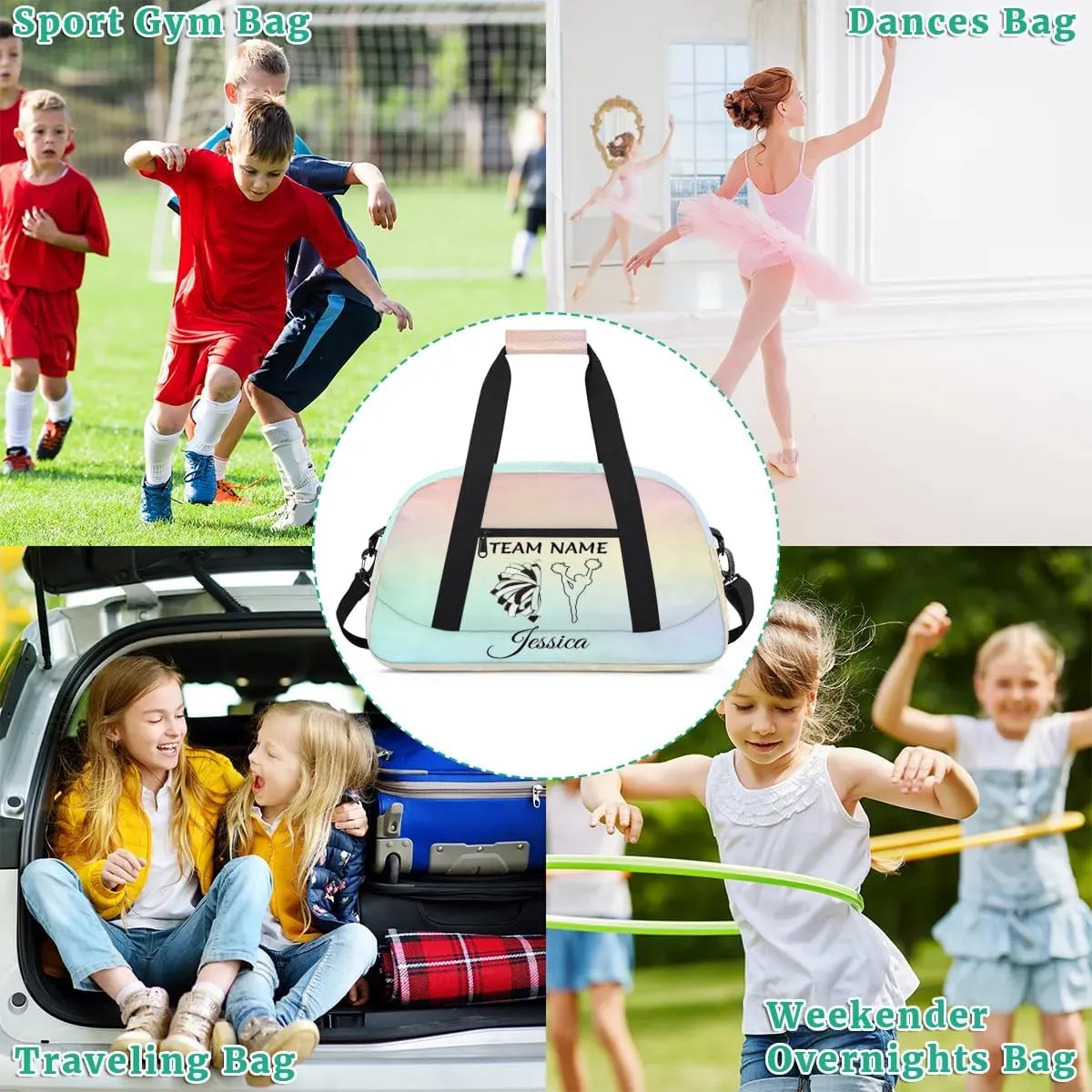 Personalised Name Cheer Bags, Custom Dancing Sports Duffle Bag Gym Cheerleading Bags Travel Duffel Perform Training Bag, Cheerleader Silhouette Overnight Weekender Bags, Colourful Theme