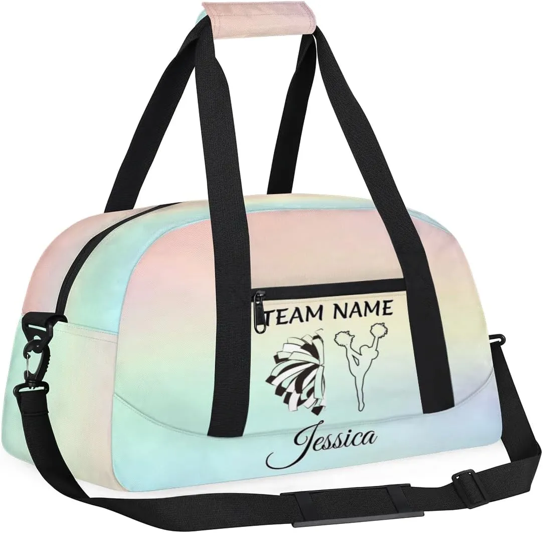 Personalised Name Cheer Bags, Custom Dancing Sports Duffle Bag Gym Cheerleading Bags Travel Duffel Perform Training Bag, Cheerleader Silhouette Overnight Weekender Bags, Colourful Theme
