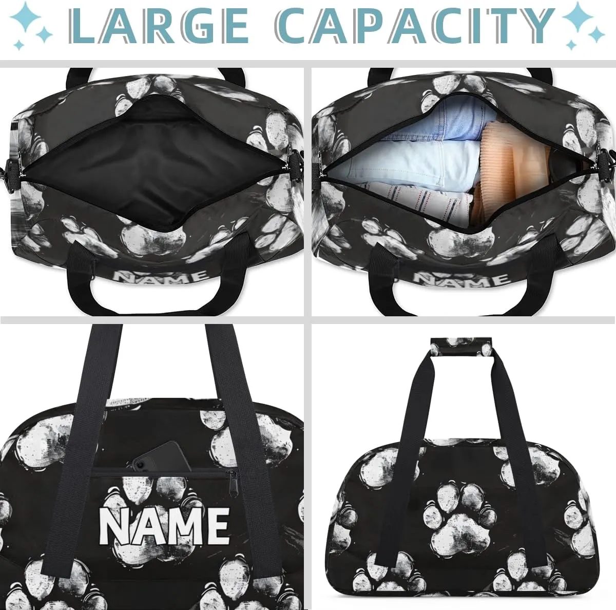Personalized Custom Gym Bag for Women Men Carry on Black Dog Paw Travel Duffel Tote Modern Footprint Overnight Workout Weekender Bag