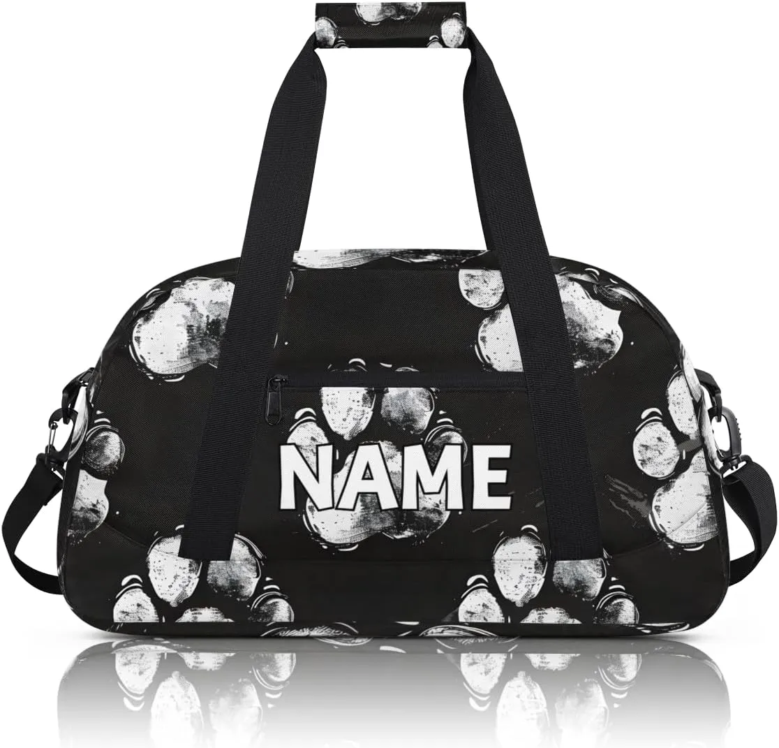 Personalized Custom Gym Bag for Women Men Carry on Black Dog Paw Travel Duffel Tote Modern Footprint Overnight Workout Weekender Bag