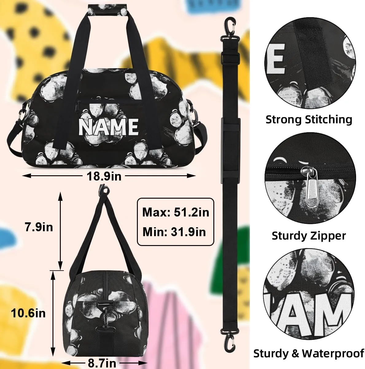 Personalized Custom Gym Bag for Women Men Carry on Black Dog Paw Travel Duffel Tote Modern Footprint Overnight Workout Weekender Bag