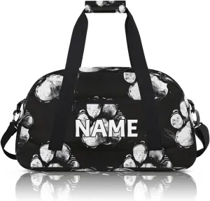 Personalized Custom Gym Bag for Women Men Carry on Black Dog Paw Travel Duffel Tote Modern Footprint Overnight Workout Weekender Bag