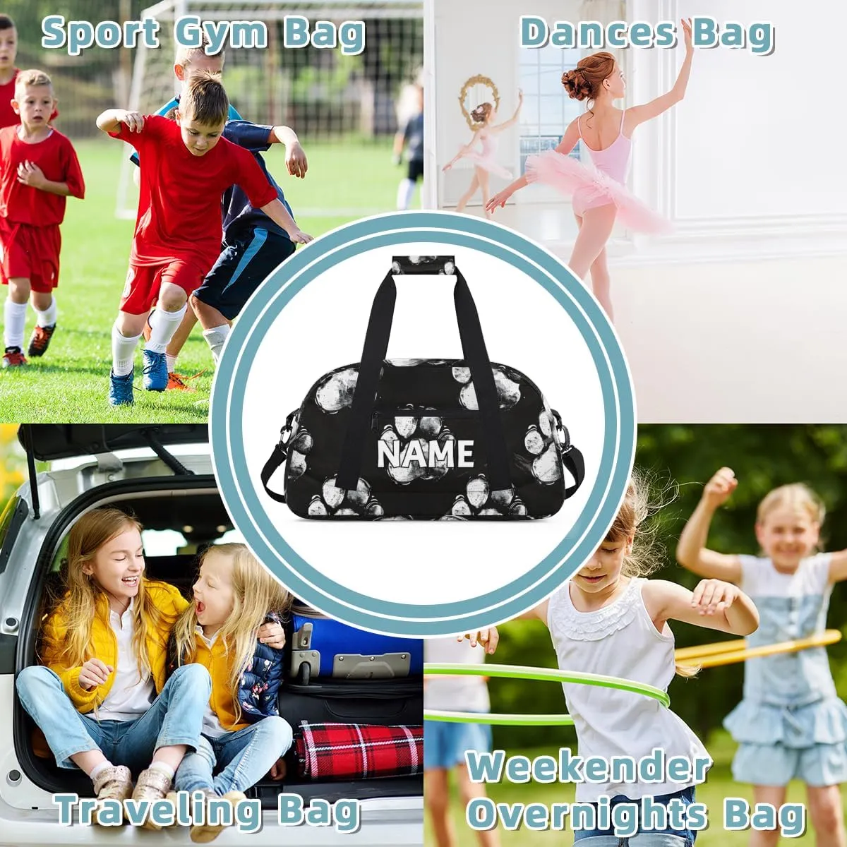 Personalized Custom Gym Bag for Women Men Carry on Black Dog Paw Travel Duffel Tote Modern Footprint Overnight Workout Weekender Bag