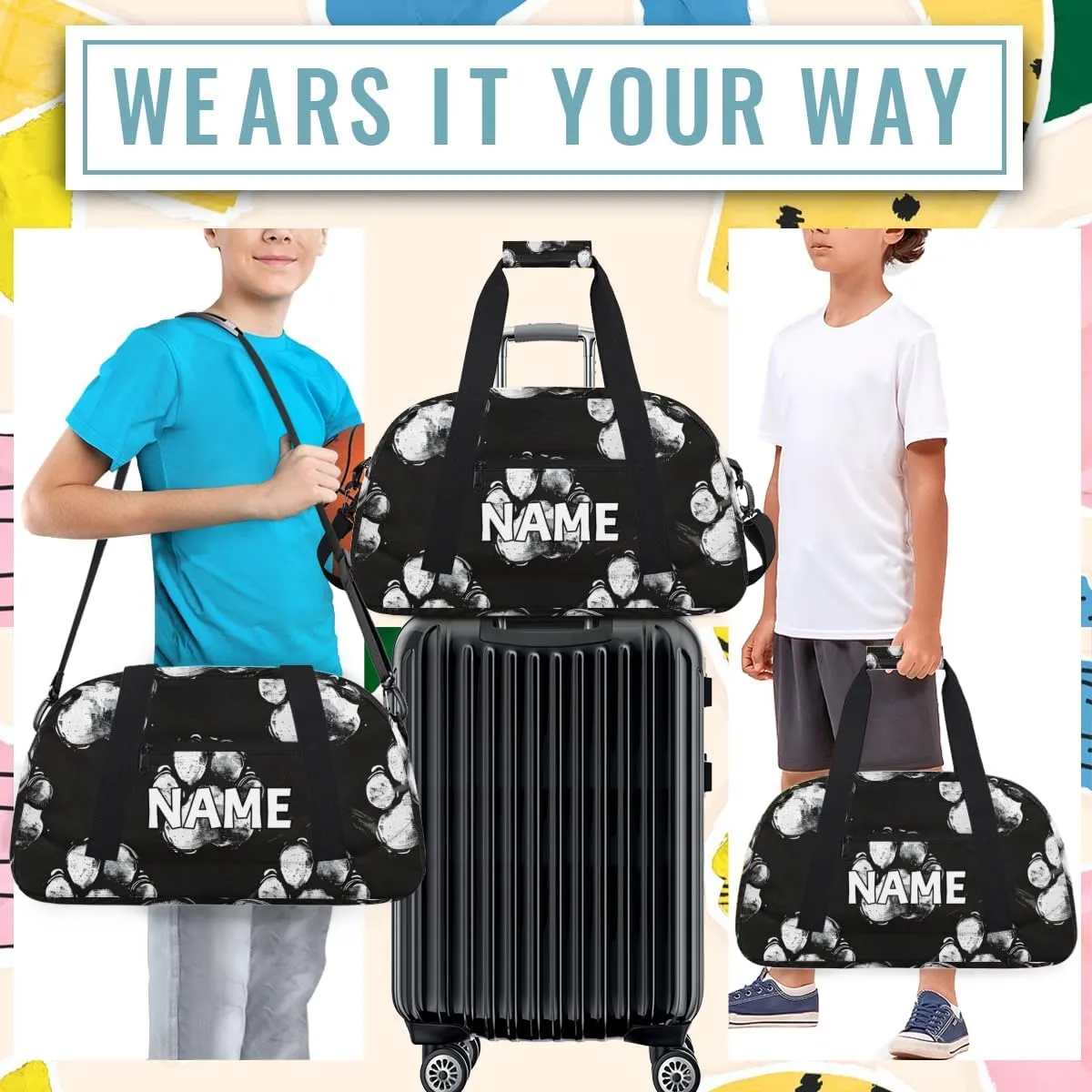 Personalized Custom Gym Bag for Women Men Carry on Black Dog Paw Travel Duffel Tote Modern Footprint Overnight Workout Weekender Bag