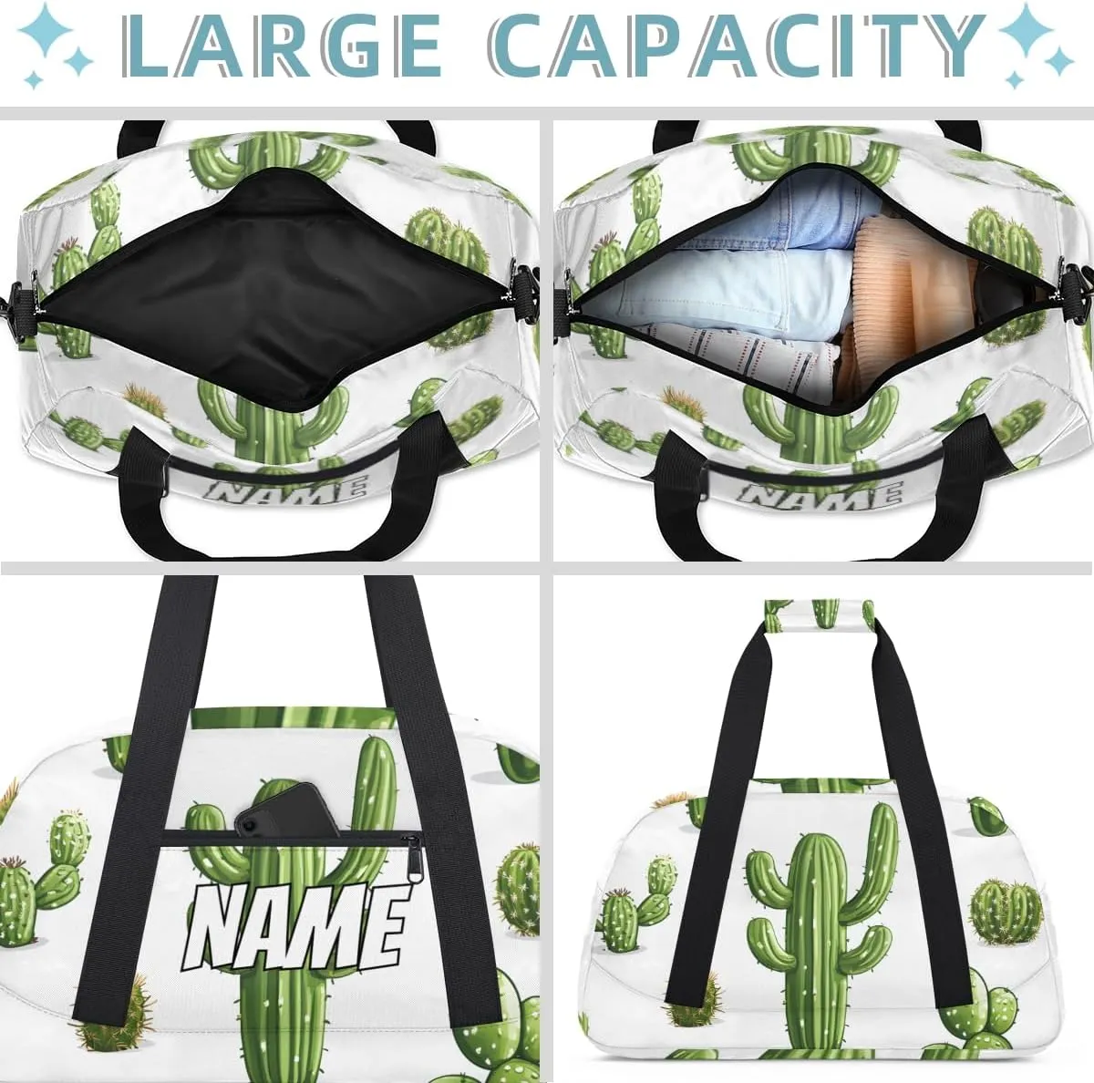 Personalized Custom Gym Bag for Women Men Carry on Green Plant Cactus Travel Duffel Tote Simple Modern Overnight Workout Weekender Bag