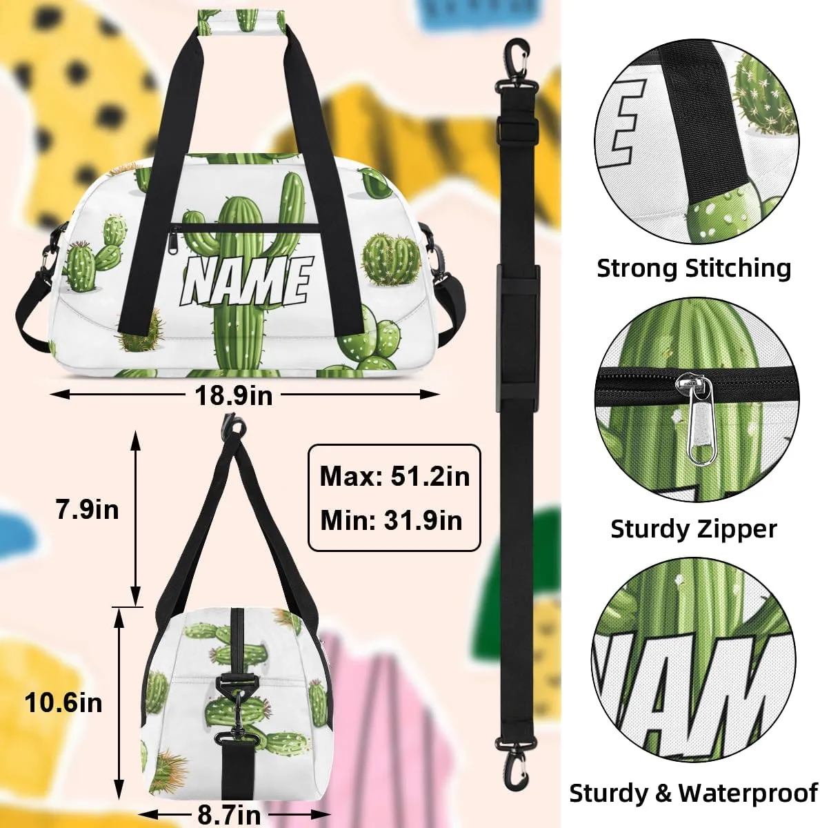 Personalized Custom Gym Bag for Women Men Carry on Green Plant Cactus Travel Duffel Tote Simple Modern Overnight Workout Weekender Bag