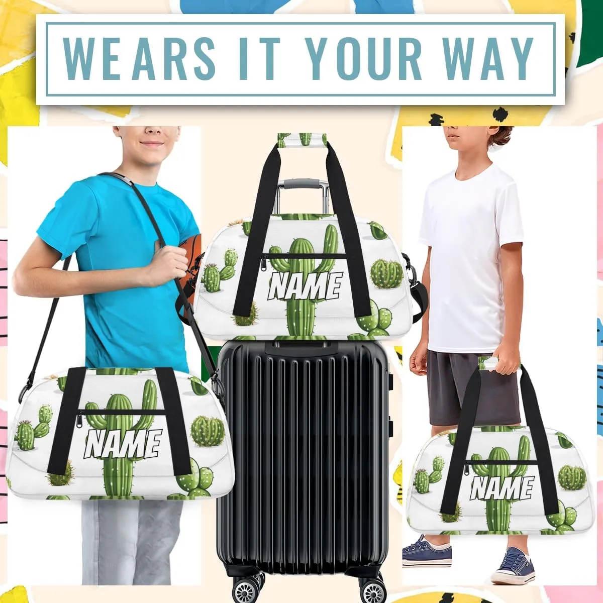 Personalized Custom Gym Bag for Women Men Carry on Green Plant Cactus Travel Duffel Tote Simple Modern Overnight Workout Weekender Bag
