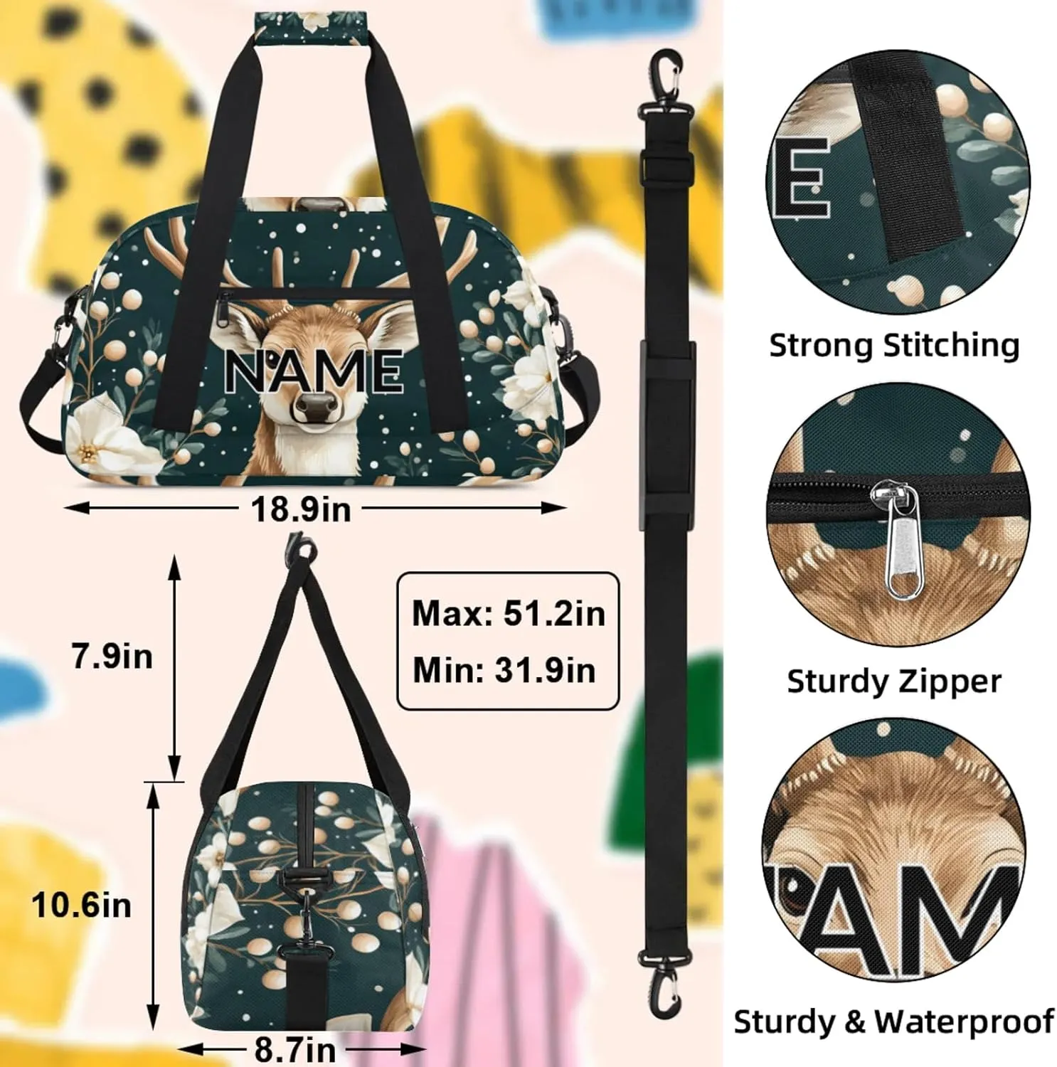 Personalized Custom Nature Forest Elk Gym Bag for Women Men Carry on Travel Duffel Tote Animal Modern Overnight Workout Weekender Bag