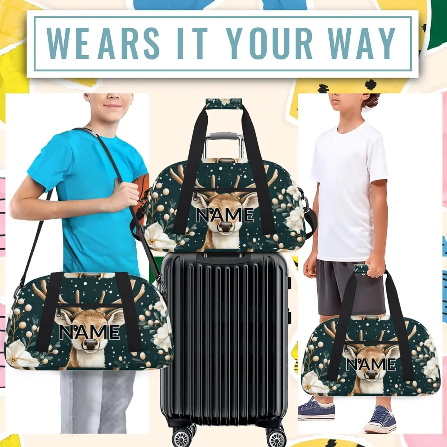 Personalized Custom Nature Forest Elk Gym Bag for Women Men Carry on Travel Duffel Tote Animal Modern Overnight Workout Weekender Bag