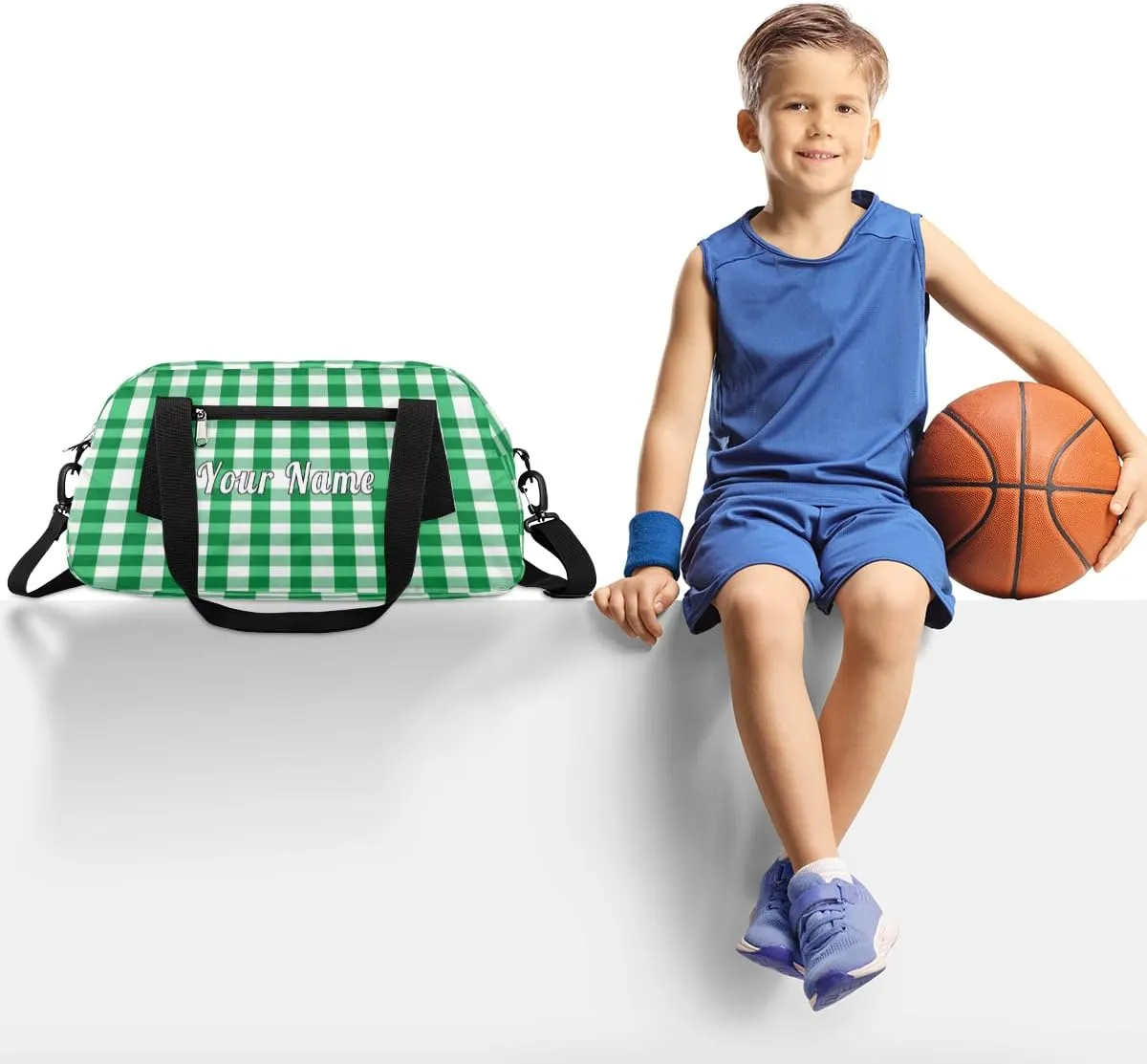 Personalized Kids Duffel Bag Green Geometric Plaid Grid,Custom Sport Gym Bag for Boys Girls,WWeekender Overnight Bags Travel Duffel Bag,Customized Kids Gift