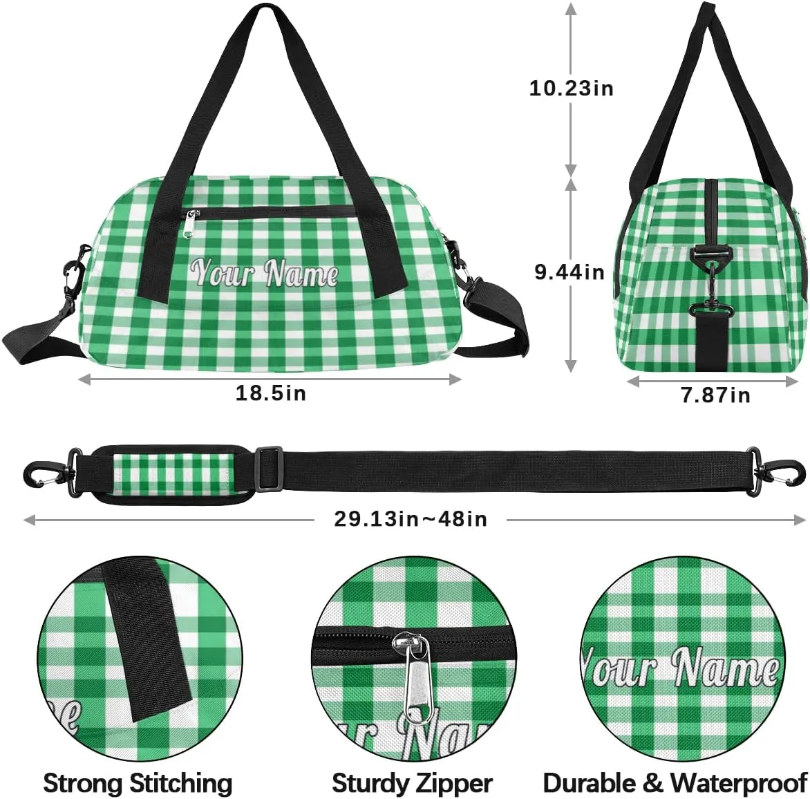 Personalized Kids Duffel Bag Green Geometric Plaid Grid,Custom Sport Gym Bag for Boys Girls,WWeekender Overnight Bags Travel Duffel Bag,Customized Kids Gift