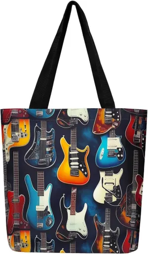 Piano and Guitar Canvas Tote Bag,Musical Notes Tote Bag,Modern Music Themed Shopping Grocery Bags