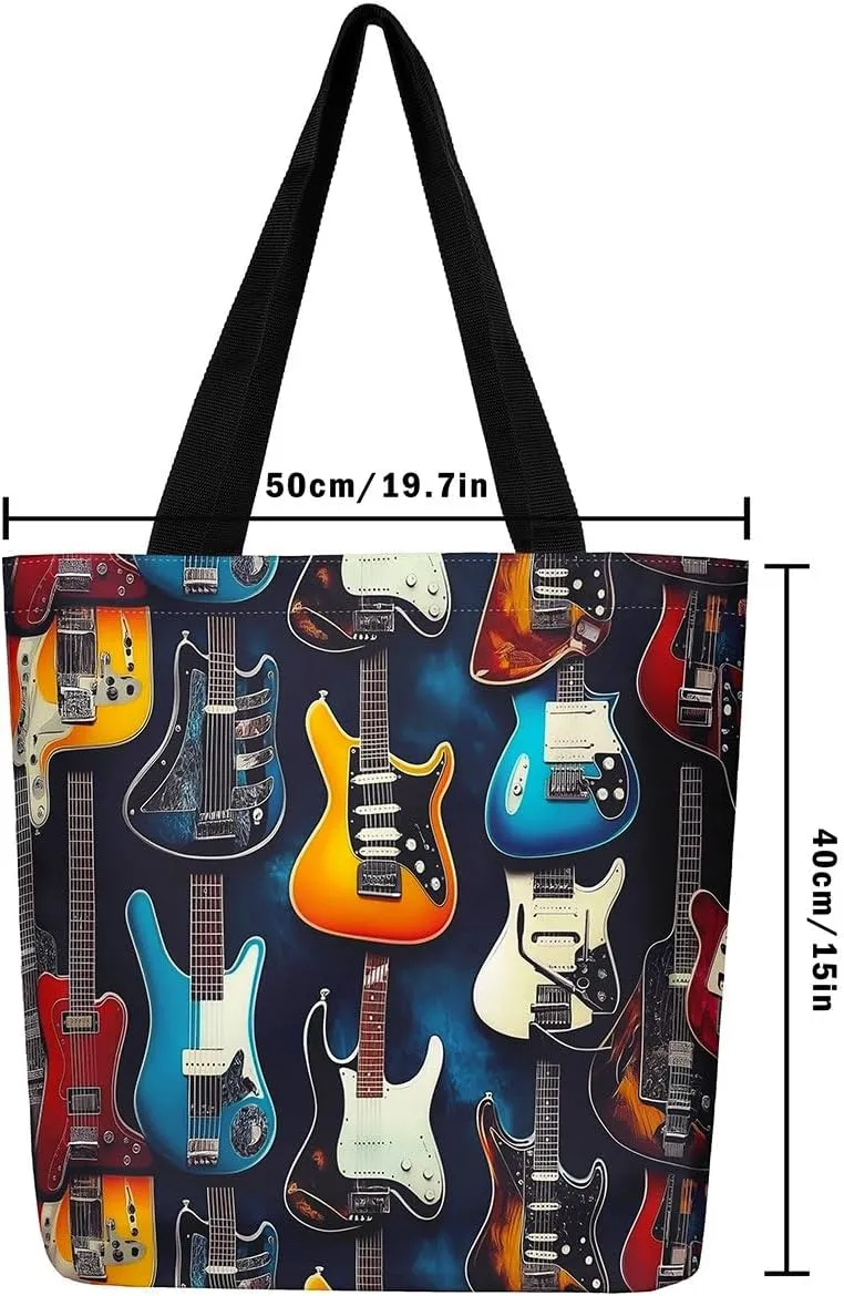 Piano and Guitar Canvas Tote Bag,Musical Notes Tote Bag,Modern Music Themed Shopping Grocery Bags