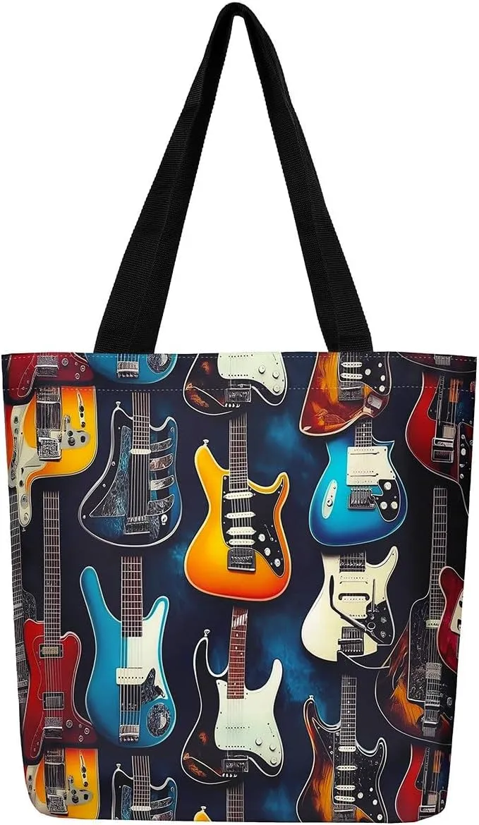 Piano and Guitar Canvas Tote Bag,Musical Notes Tote Bag,Modern Music Themed Shopping Grocery Bags