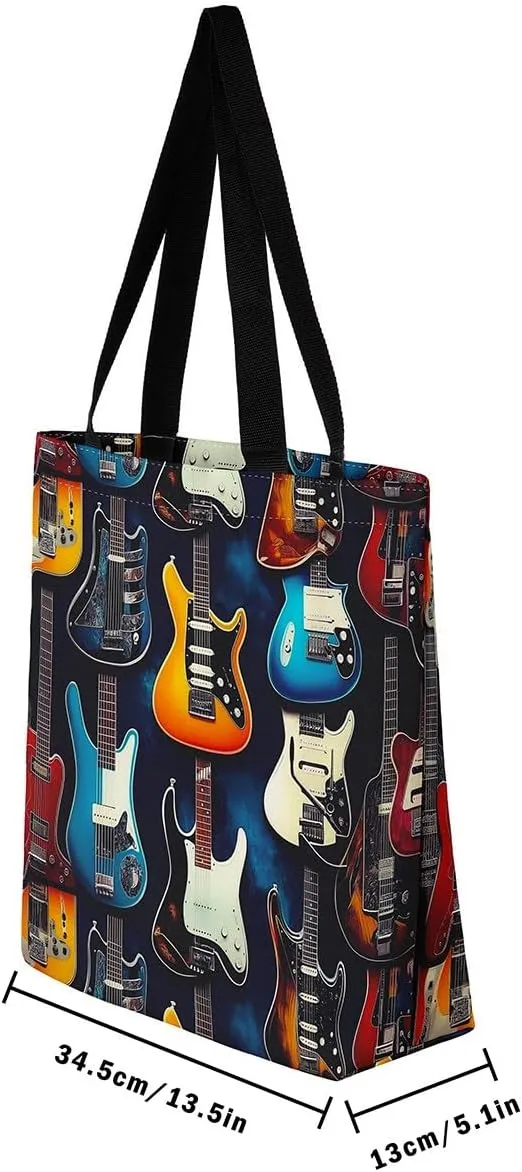 Piano and Guitar Canvas Tote Bag,Musical Notes Tote Bag,Modern Music Themed Shopping Grocery Bags