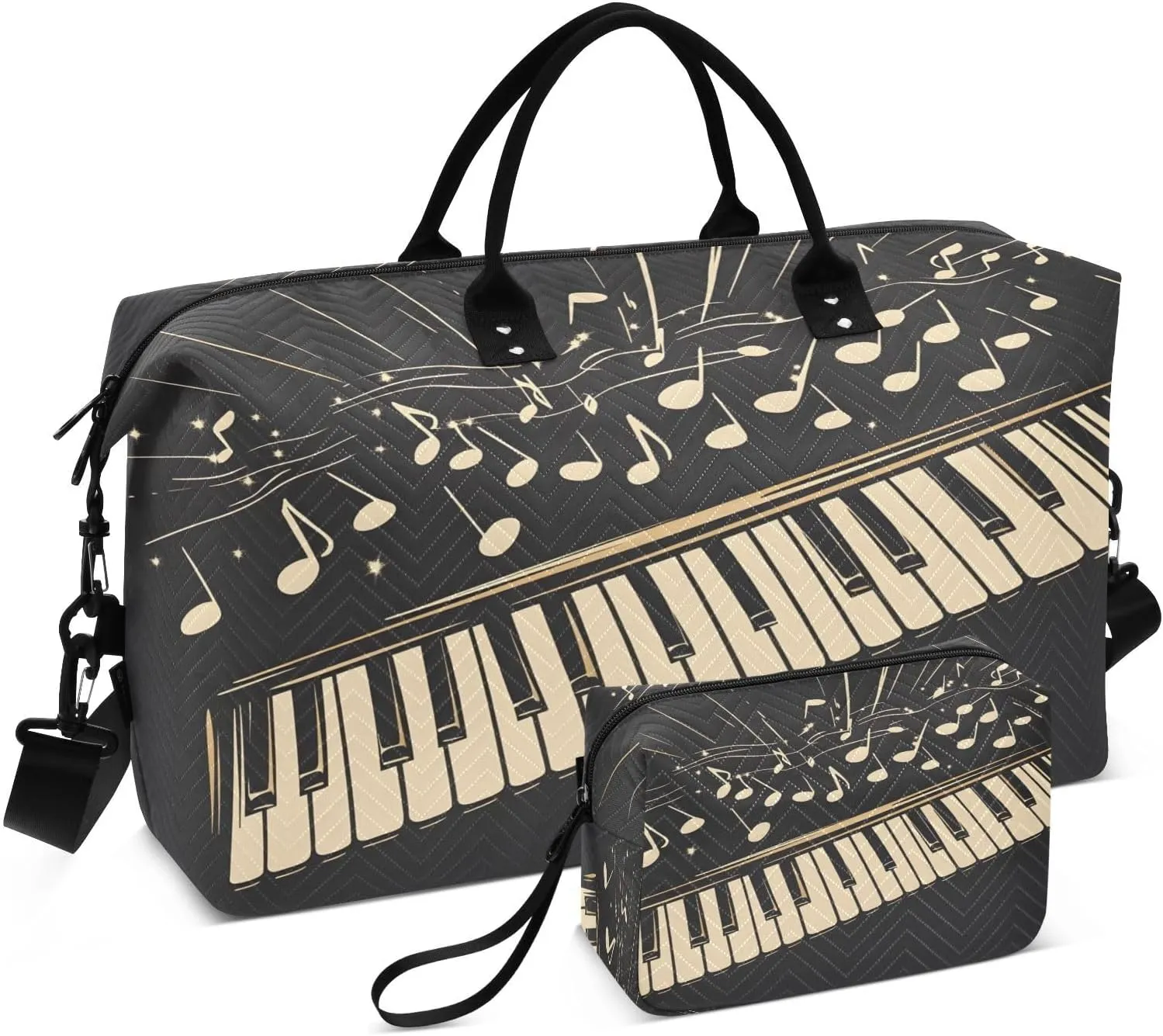 Piano Keys Travel Duffel Bags 2PCS,Sports Duffel Bags for Men Women,Weekender Overnight Bag Gym Tote Bag with Toiletry Bag