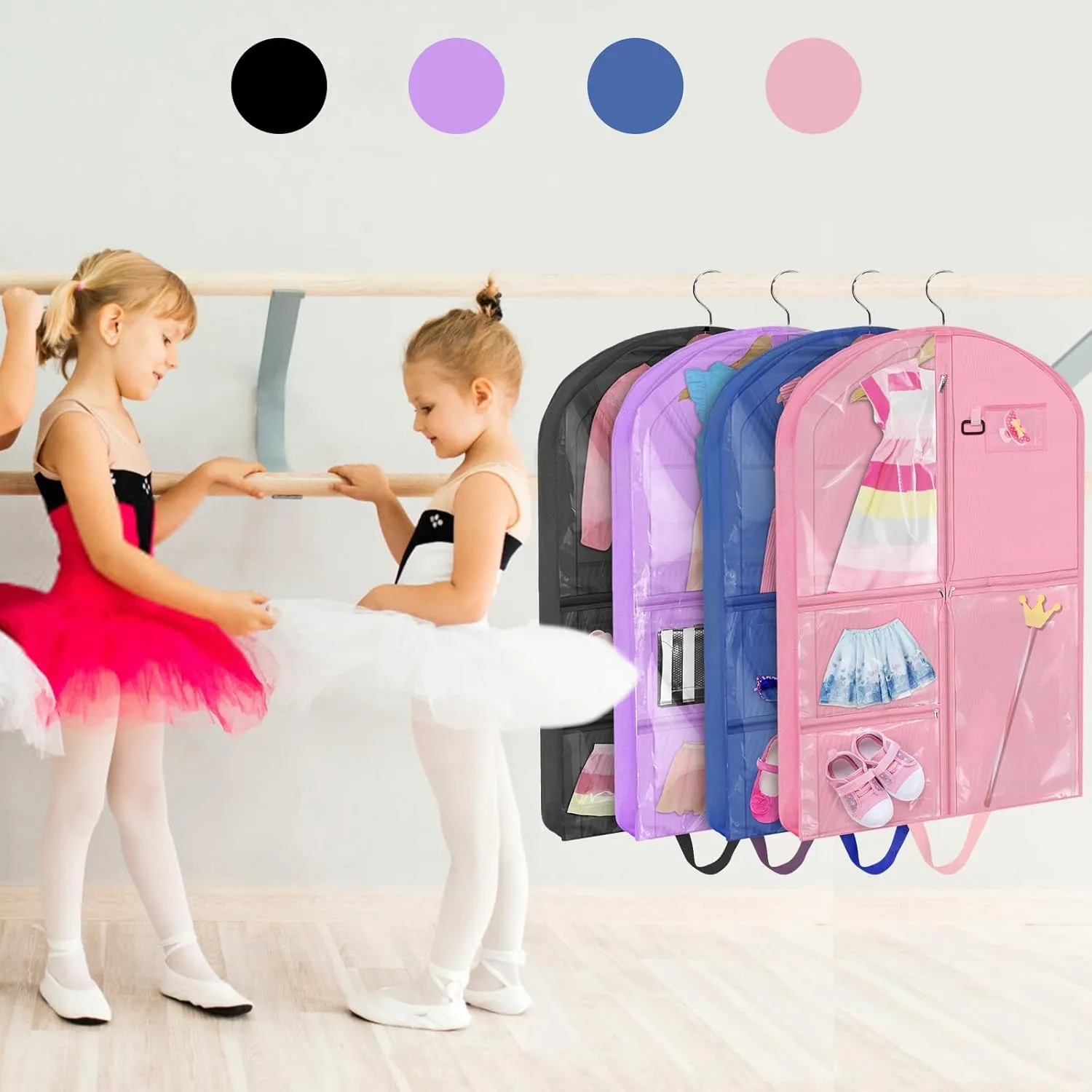 Pink Dance Garment Bags for Dancers, 2pcs 24x40x3", Waterproof Garment Bags for Hanging Clothes, Dance Costumes, Girls Dresses for Dance Competition Travel, Dust Proof with Handles & 5 Pockets