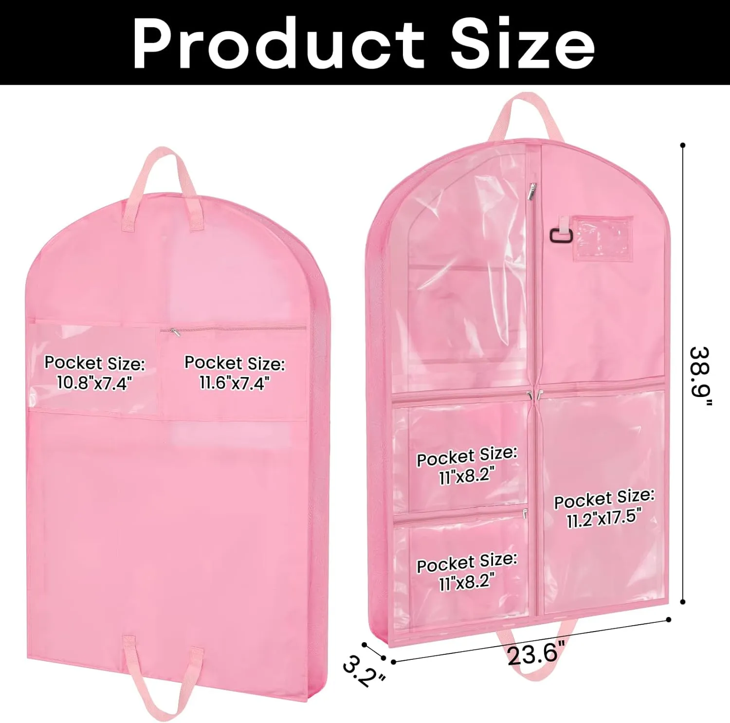 Pink Dance Garment Bags for Dancers, 2pcs 24x40x3", Waterproof Garment Bags for Hanging Clothes, Dance Costumes, Girls Dresses for Dance Competition Travel, Dust Proof with Handles & 5 Pockets