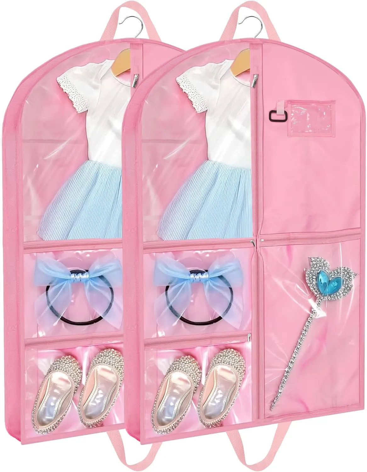 Pink Dance Garment Bags for Dancers, 2pcs 24x40x3", Waterproof Garment Bags for Hanging Clothes, Dance Costumes, Girls Dresses for Dance Competition Travel, Dust Proof with Handles & 5 Pockets