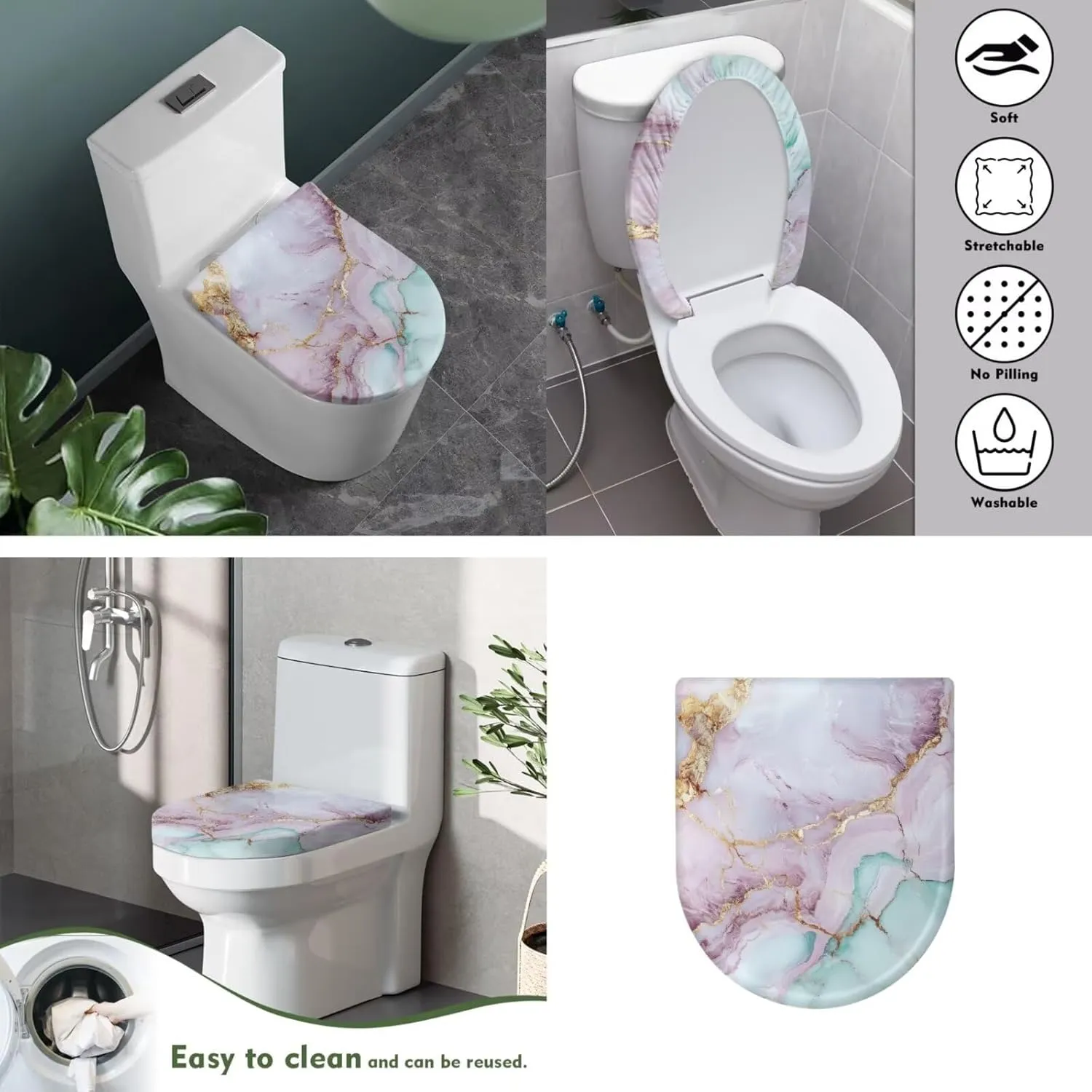 Pink Green Marble Pattern 2 Pack Toilet Lid Cover with Toilet Tank Cover, Adjustable Toilet Protector with 2 Storage Bags, 15-21 in, Fits Most Round Elongated and Oblong Lids