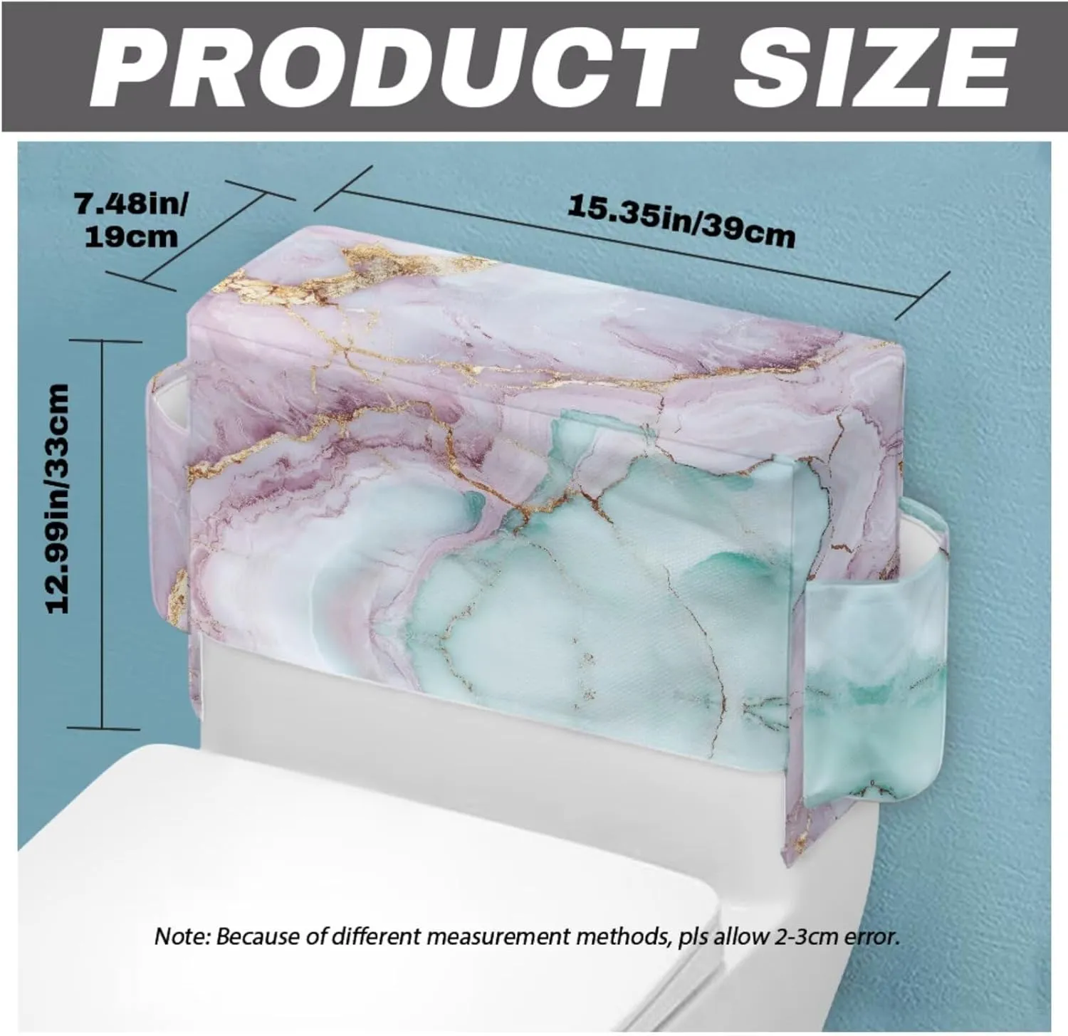 Pink Green Marble Pattern 2 Pack Toilet Lid Cover with Toilet Tank Cover, Adjustable Toilet Protector with 2 Storage Bags, 15-21 in, Fits Most Round Elongated and Oblong Lids