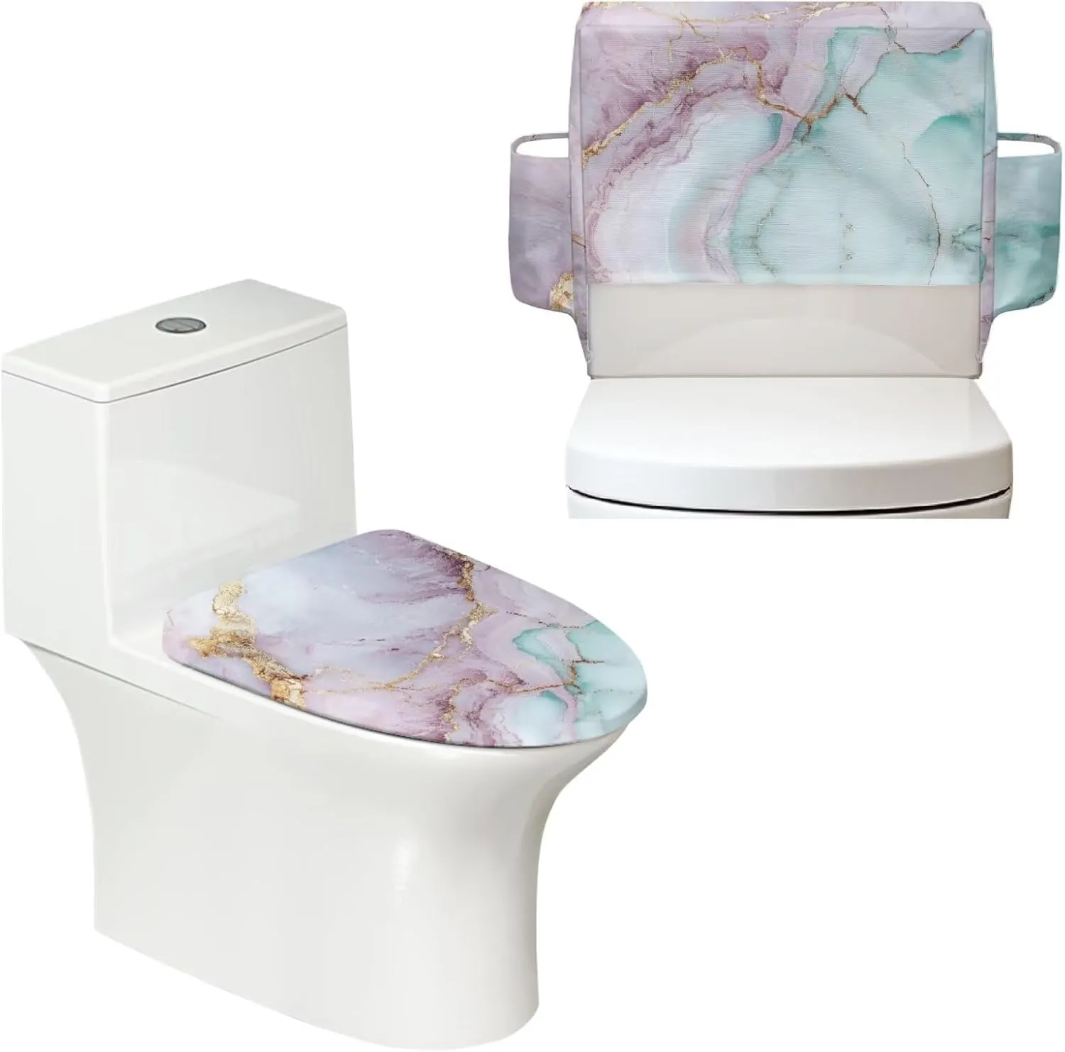 Pink Green Marble Pattern 2 Pack Toilet Lid Cover with Toilet Tank Cover, Adjustable Toilet Protector with 2 Storage Bags, 15-21 in, Fits Most Round Elongated and Oblong Lids