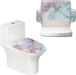 Pink Green Marble Pattern 2 Pack Toilet Lid Cover with Toilet Tank Cover, Adjustable Toilet Protector with 2 Storage Bags, 15-21 in, Fits Most Round Elongated and Oblong Lids