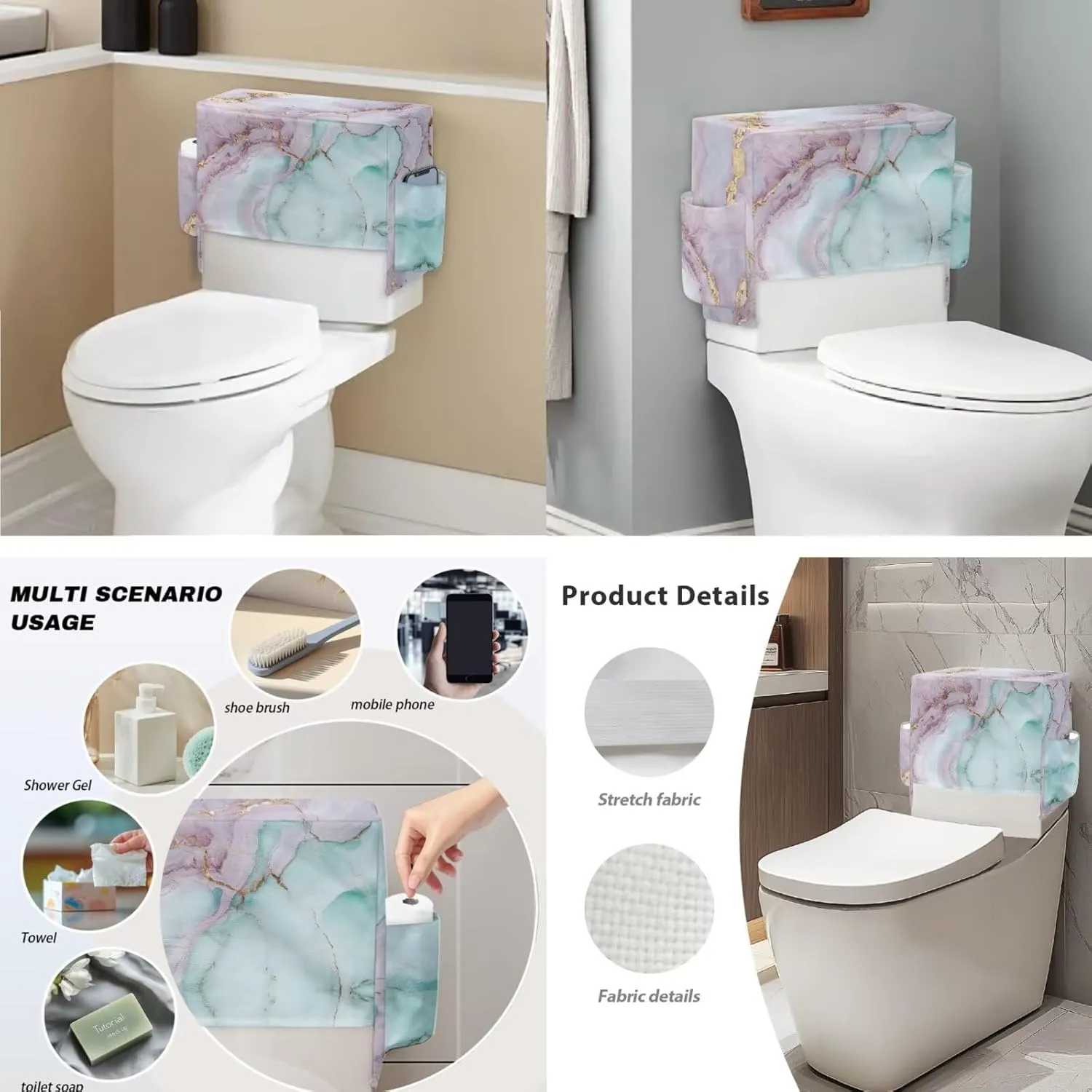 Pink Green Marble Pattern 2 Pack Toilet Lid Cover with Toilet Tank Cover, Adjustable Toilet Protector with 2 Storage Bags, 15-21 in, Fits Most Round Elongated and Oblong Lids