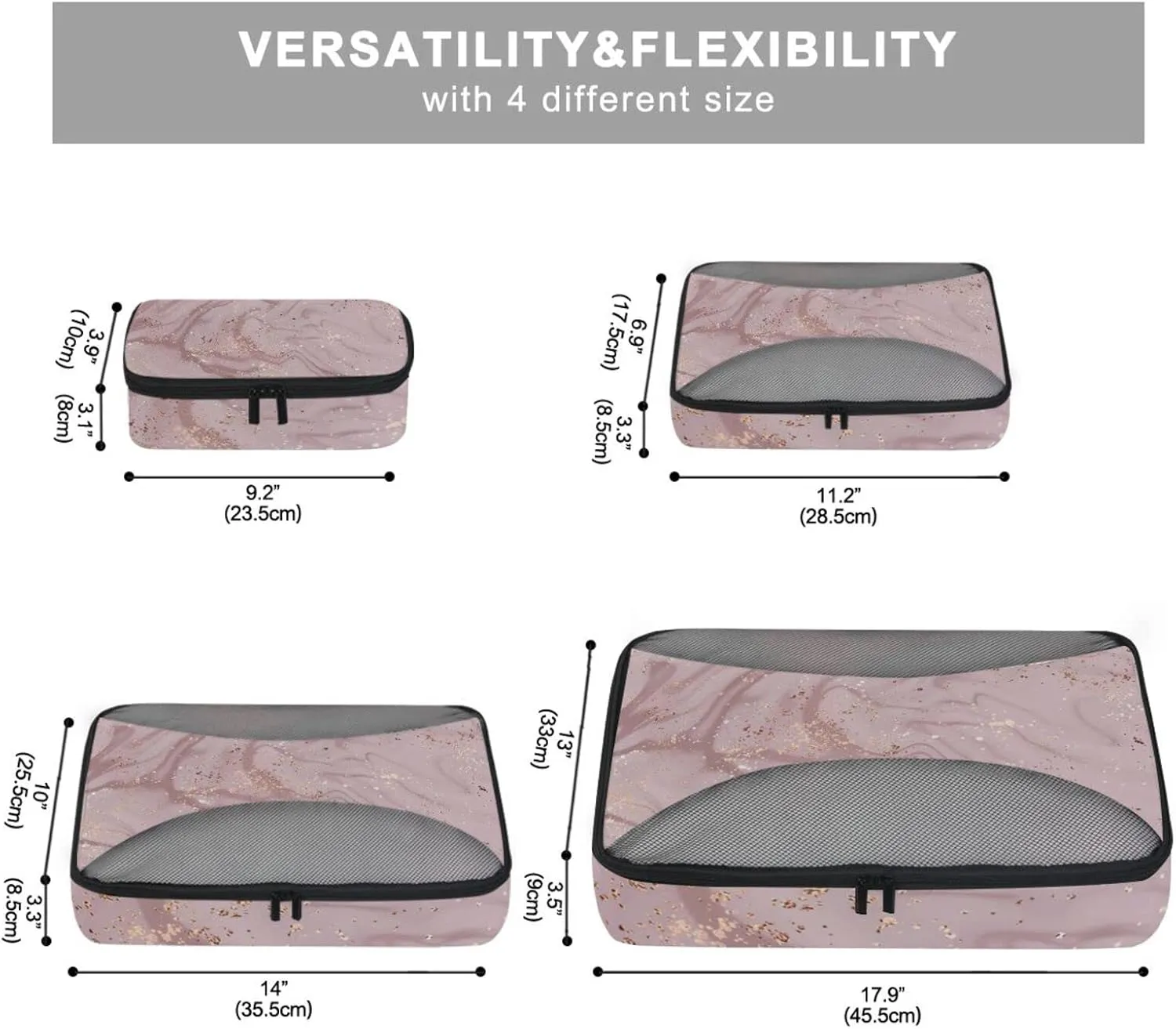Pink Liquid Marble Artistic Painting with Rose Gold Dust Texture 4 PCs Set Packing Bags, Luggage Organizer Bag, Portable Cube Toiletry bag, Durable Travel Cosmetic Storage Bag for Men Women