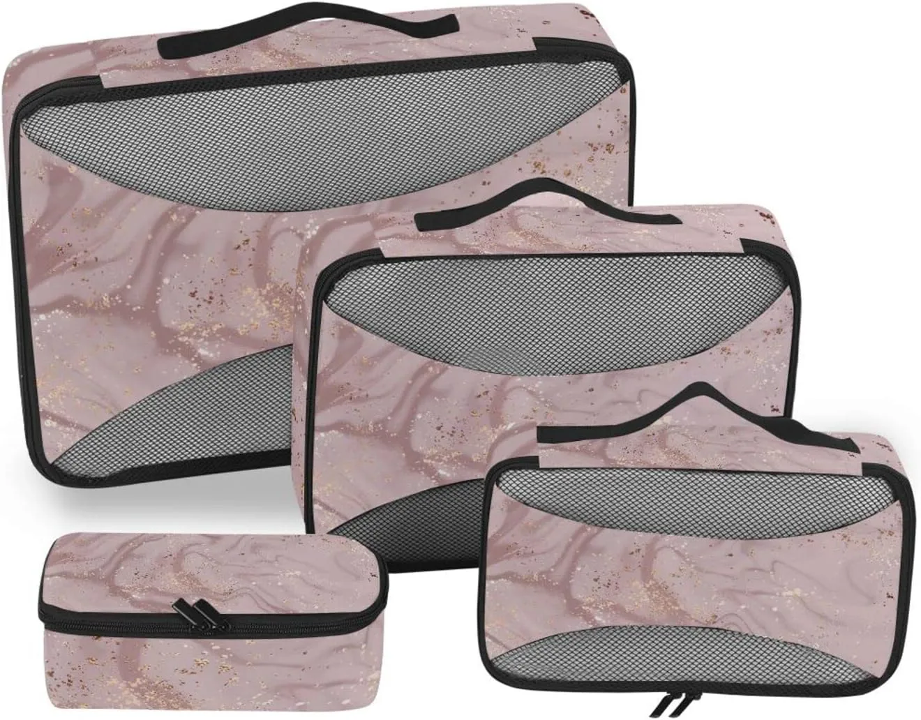 Pink Liquid Marble Artistic Painting with Rose Gold Dust Texture 4 PCs Set Packing Bags, Luggage Organizer Bag, Portable Cube Toiletry bag, Durable Travel Cosmetic Storage Bag for Men Women