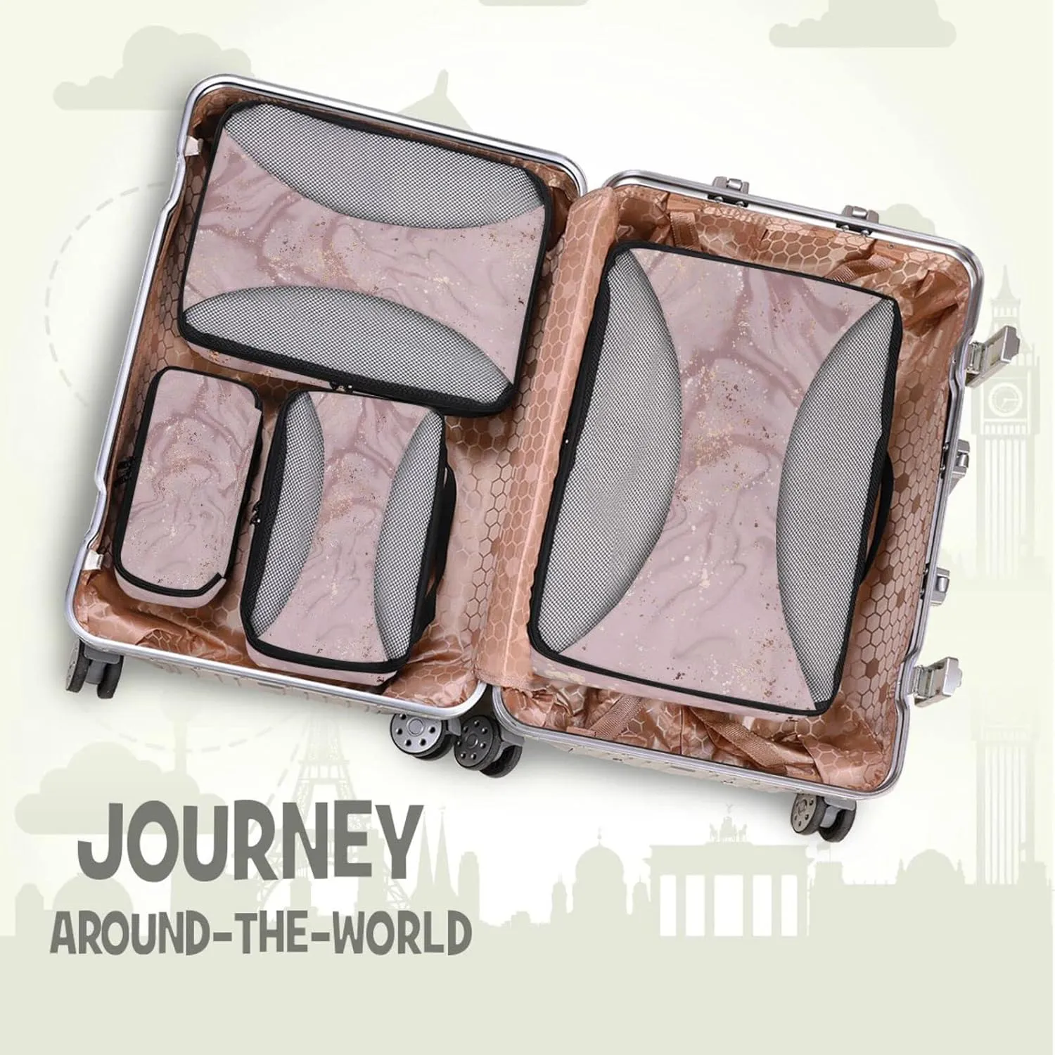 Pink Liquid Marble Artistic Painting with Rose Gold Dust Texture 4 PCs Set Packing Bags, Luggage Organizer Bag, Portable Cube Toiletry bag, Durable Travel Cosmetic Storage Bag for Men Women