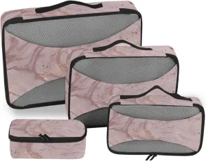 Pink Liquid Marble Artistic Painting with Rose Gold Dust Texture 4 PCs Set Packing Bags, Luggage Organizer Bag, Portable Cube Toiletry bag, Durable Travel Cosmetic Storage Bag for Men Women