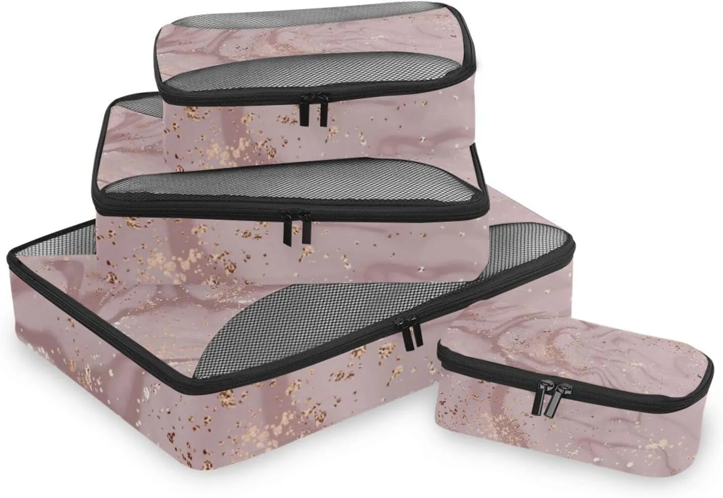 Pink Liquid Marble Artistic Painting with Rose Gold Dust Texture 4 PCs Set Packing Bags, Luggage Organizer Bag, Portable Cube Toiletry bag, Durable Travel Cosmetic Storage Bag for Men Women