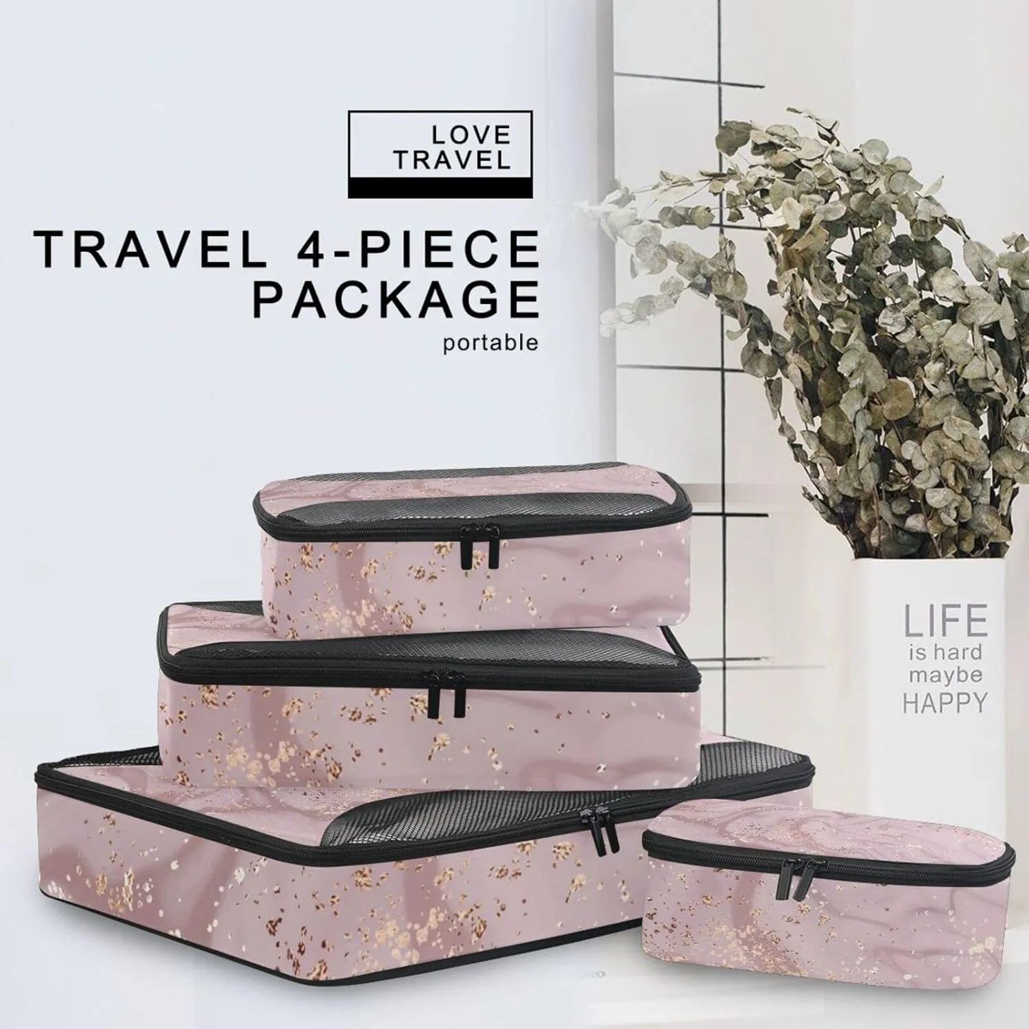 Pink Liquid Marble Artistic Painting with Rose Gold Dust Texture 4 PCs Set Packing Bags, Luggage Organizer Bag, Portable Cube Toiletry bag, Durable Travel Cosmetic Storage Bag for Men Women