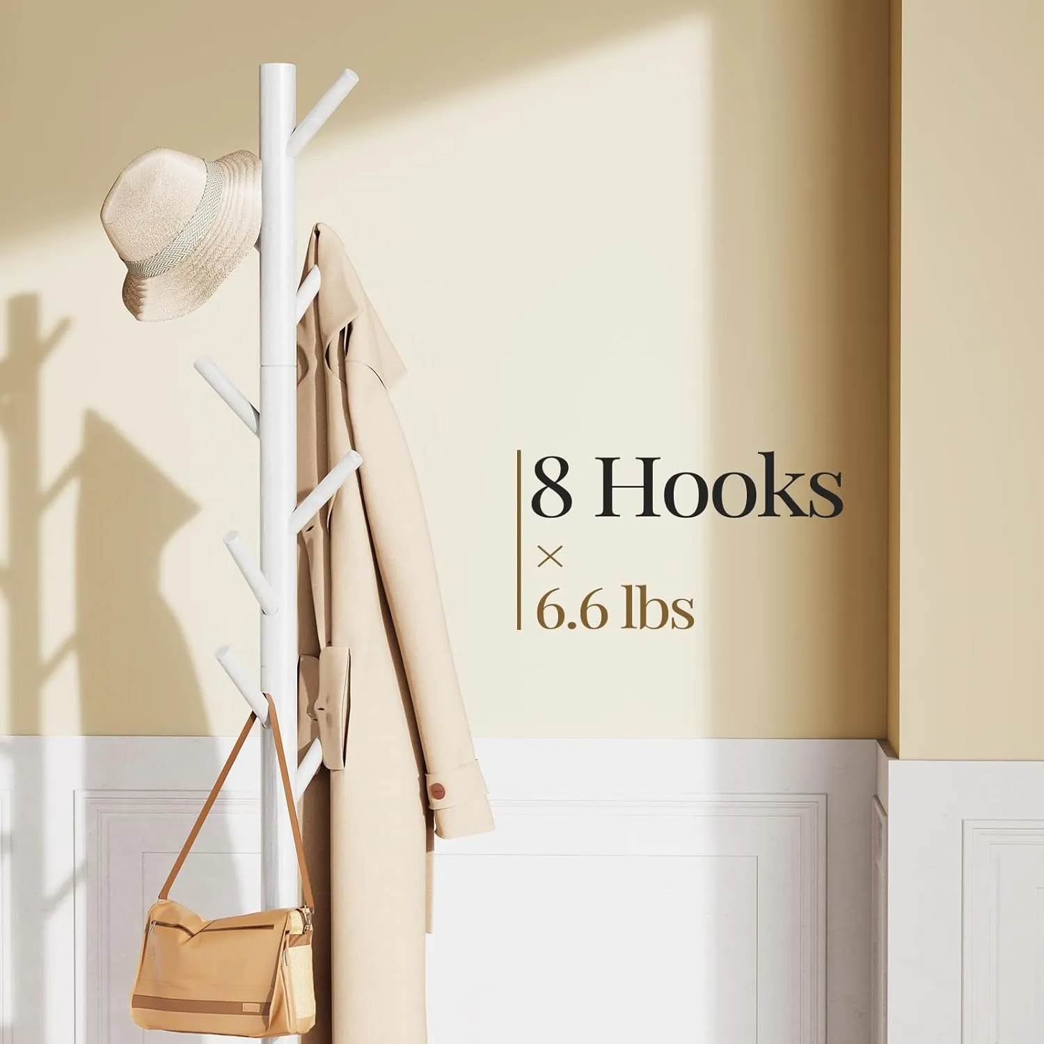 Pipishell Sturdy Wooden Coat Stand, 3 Adjustable Sizes Coat Tree with 8 Hooks, Coat Stands for Hallway Entryway, Hat Stand for Clothes, Used in Bedroom/Office/Hallway/Entryway, White