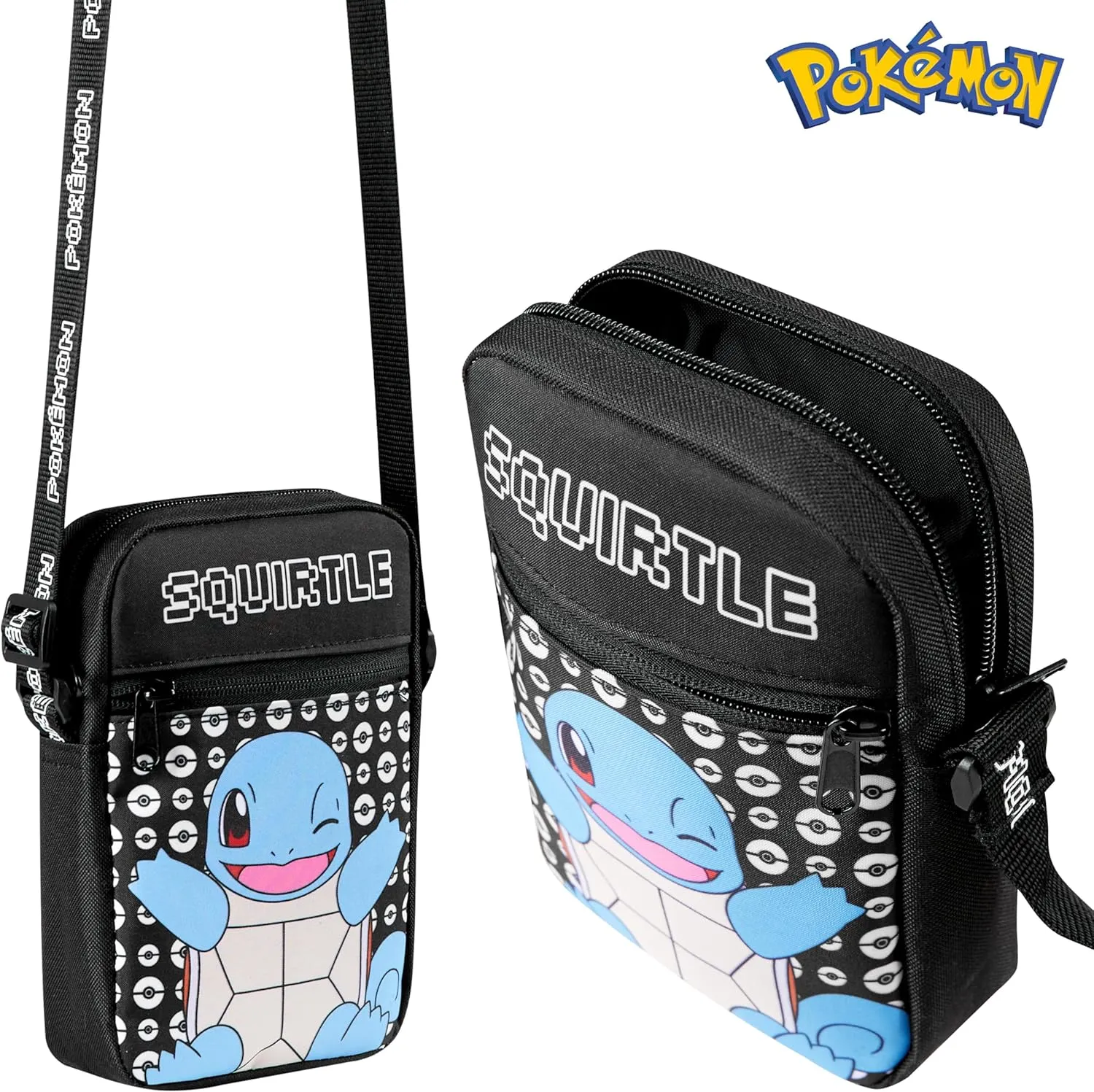 Pokemon Shoulder Bag Cross Body Bag for Kids - Adjustable Strap Kids Pikachu Small Travel Bag - Gamer Gifts (Black Squirtle)