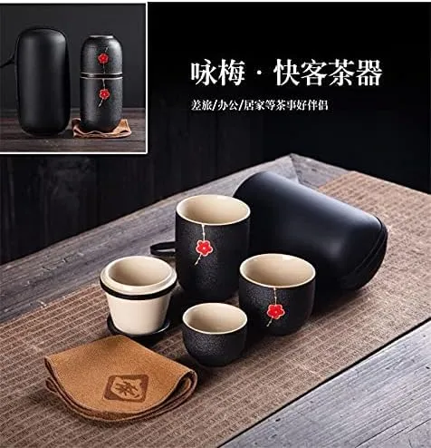 Porcelain Chinese Tea Set, Portable Ceramic Teapot Gaiwan Teacups Handmade Travel Office Concentric Cup Chinese Tea Set Water Bottle Travel Bag Portable All in One Teaware Sets (Light (Dull Five)